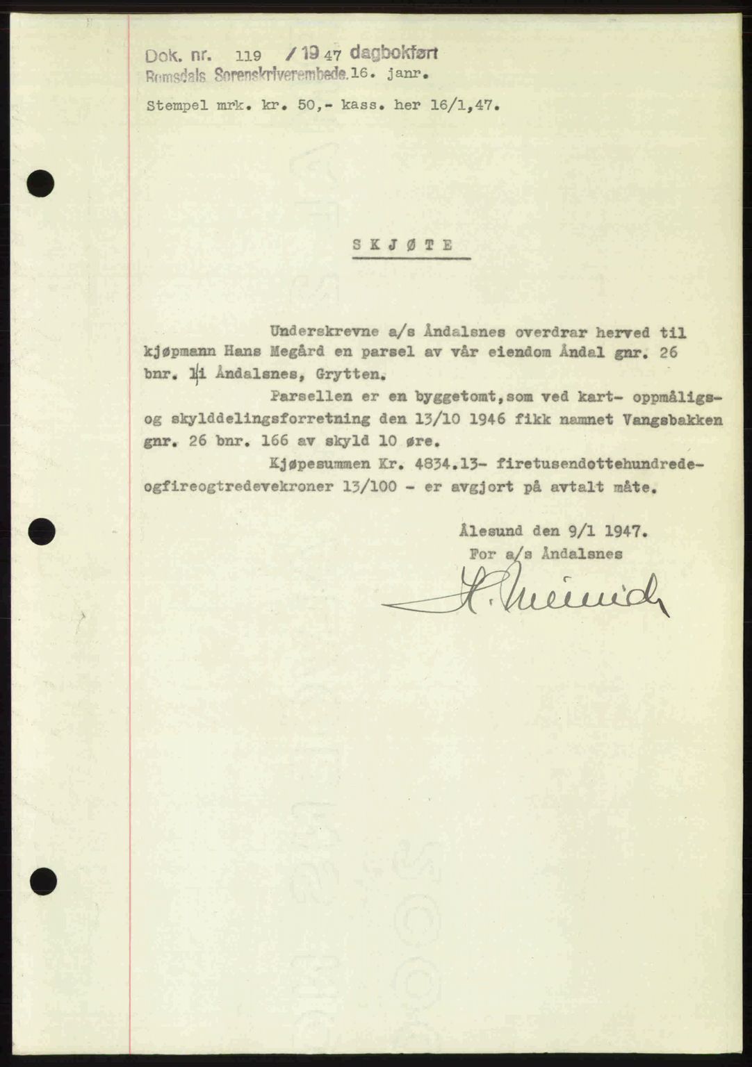 Romsdal sorenskriveri, AV/SAT-A-4149/1/2/2C: Mortgage book no. A22, 1947-1947, Diary no: : 119/1947