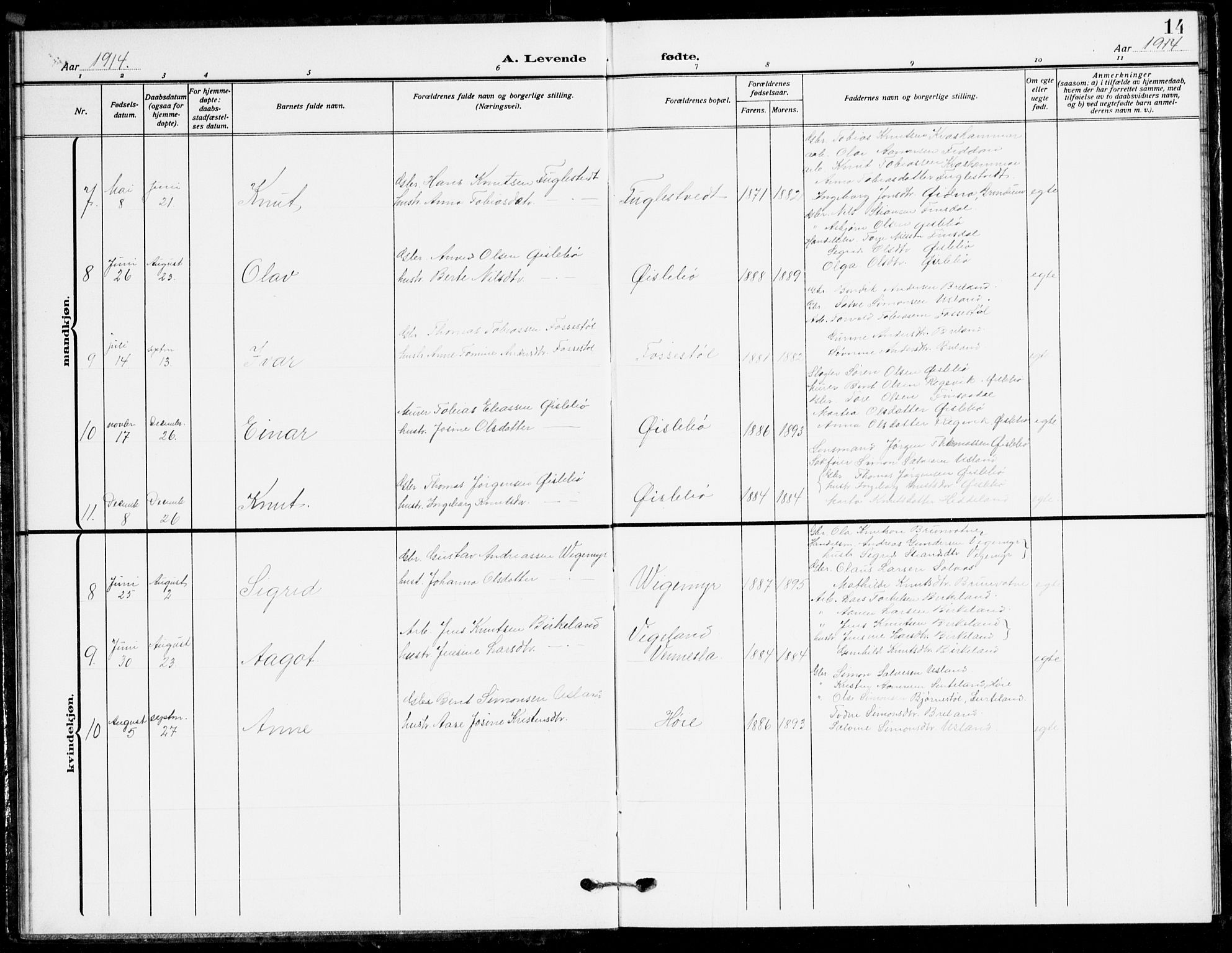 Holum sokneprestkontor, AV/SAK-1111-0022/F/Fb/Fbc/L0004: Parish register (copy) no. B 4, 1908-1930, p. 14