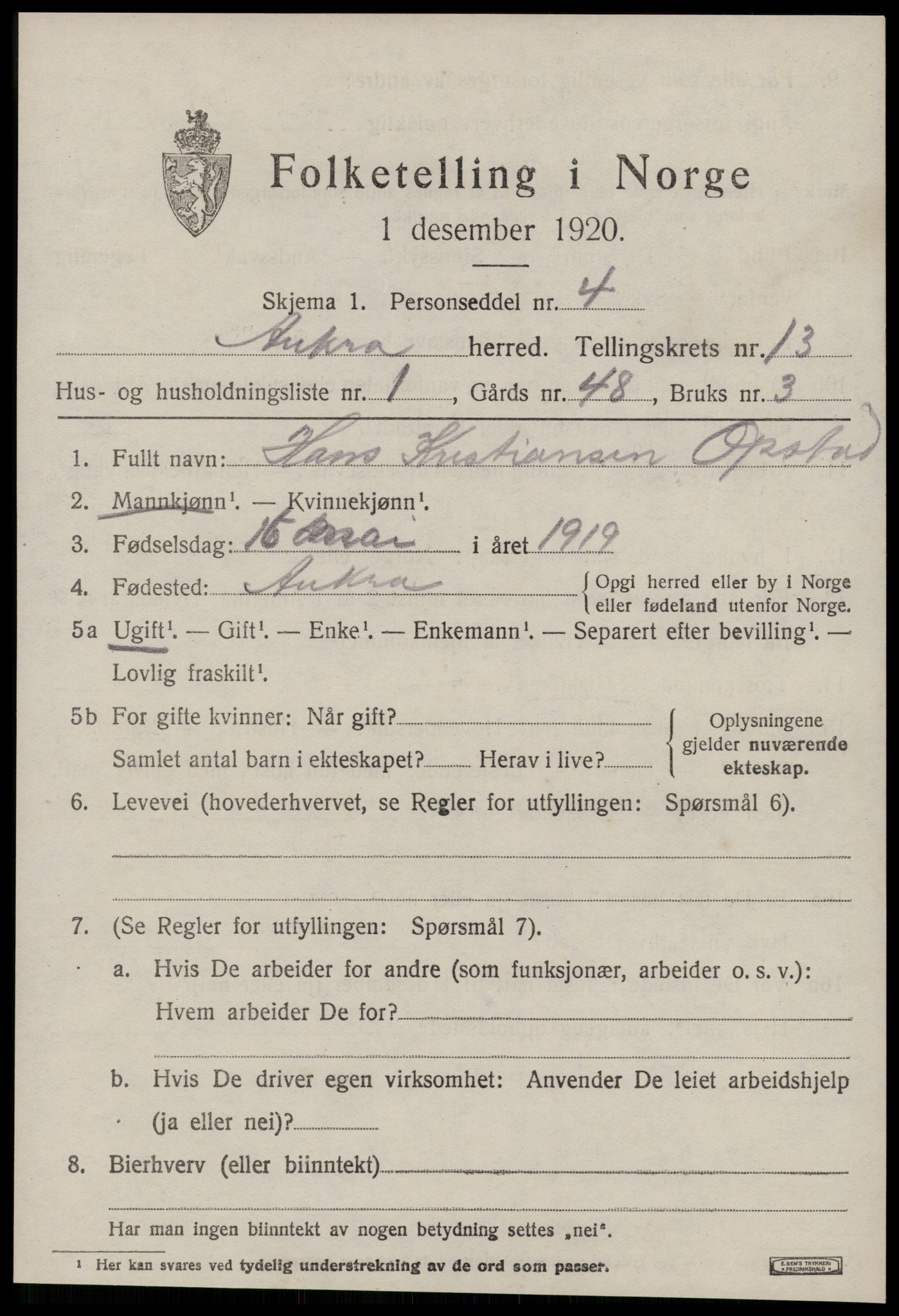 SAT, 1920 census for Aukra, 1920, p. 5483