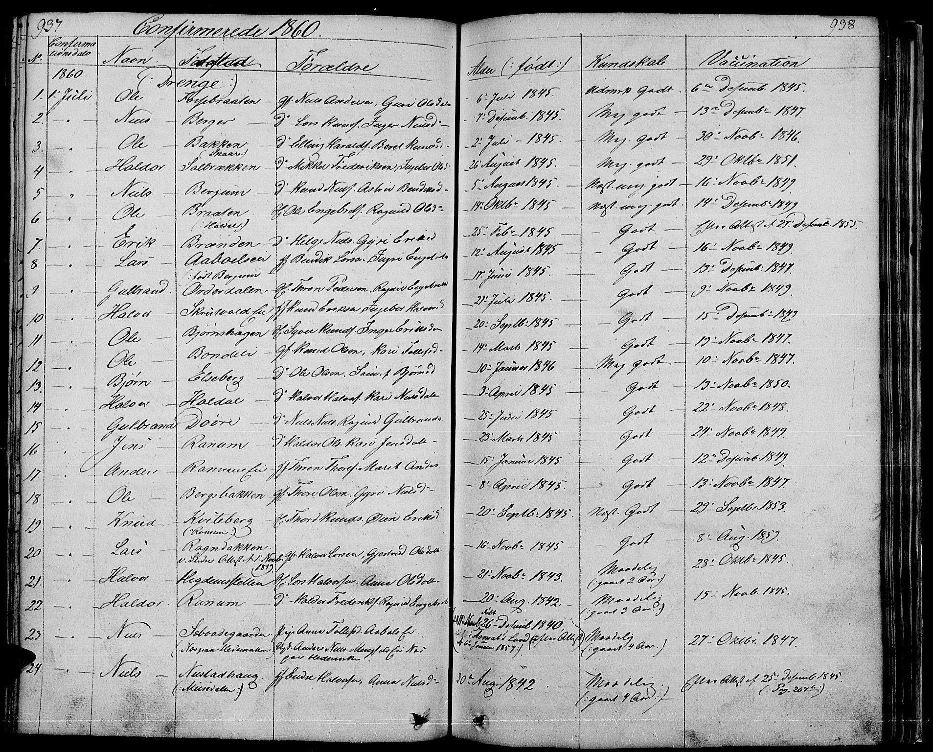 Nord-Aurdal prestekontor, SAH/PREST-132/H/Ha/Hab/L0001: Parish register (copy) no. 1, 1834-1887, p. 937-938