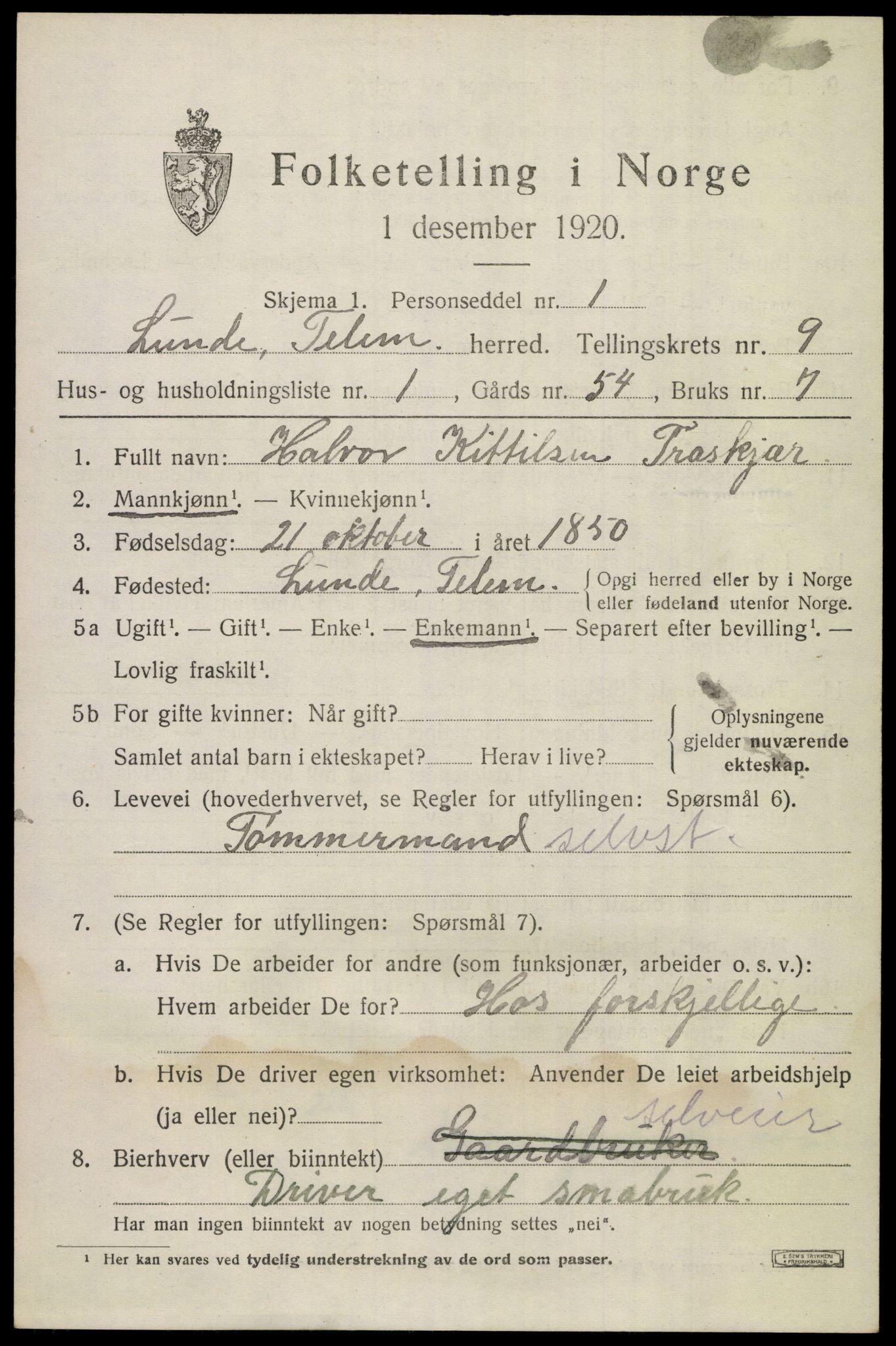 SAKO, 1920 census for Lunde, 1920, p. 5427