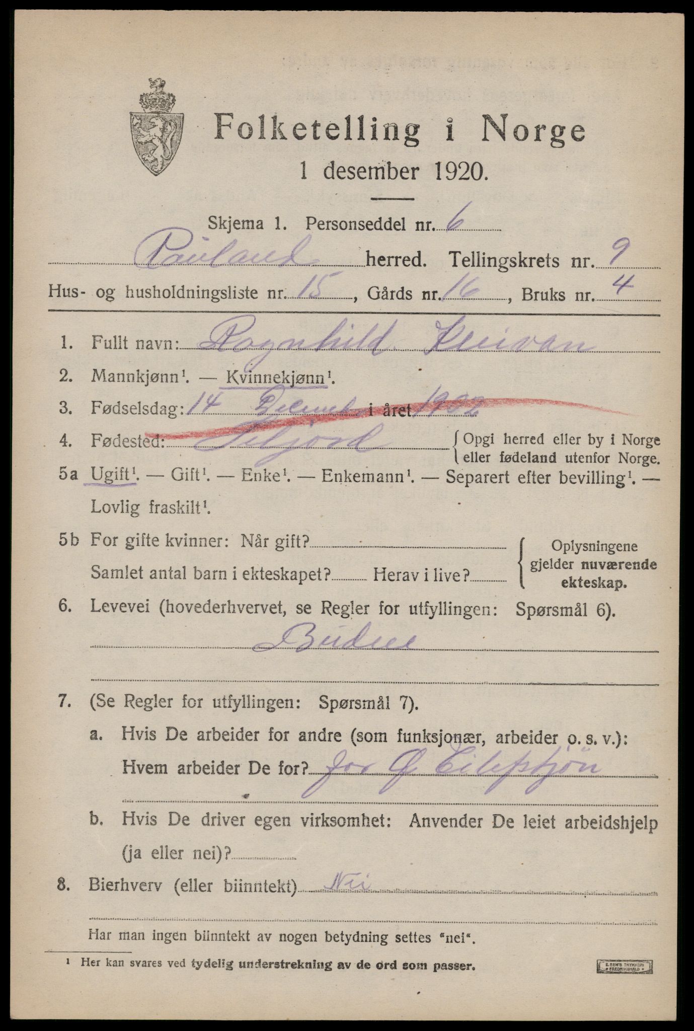 SAKO, 1920 census for Rauland, 1920, p. 2070