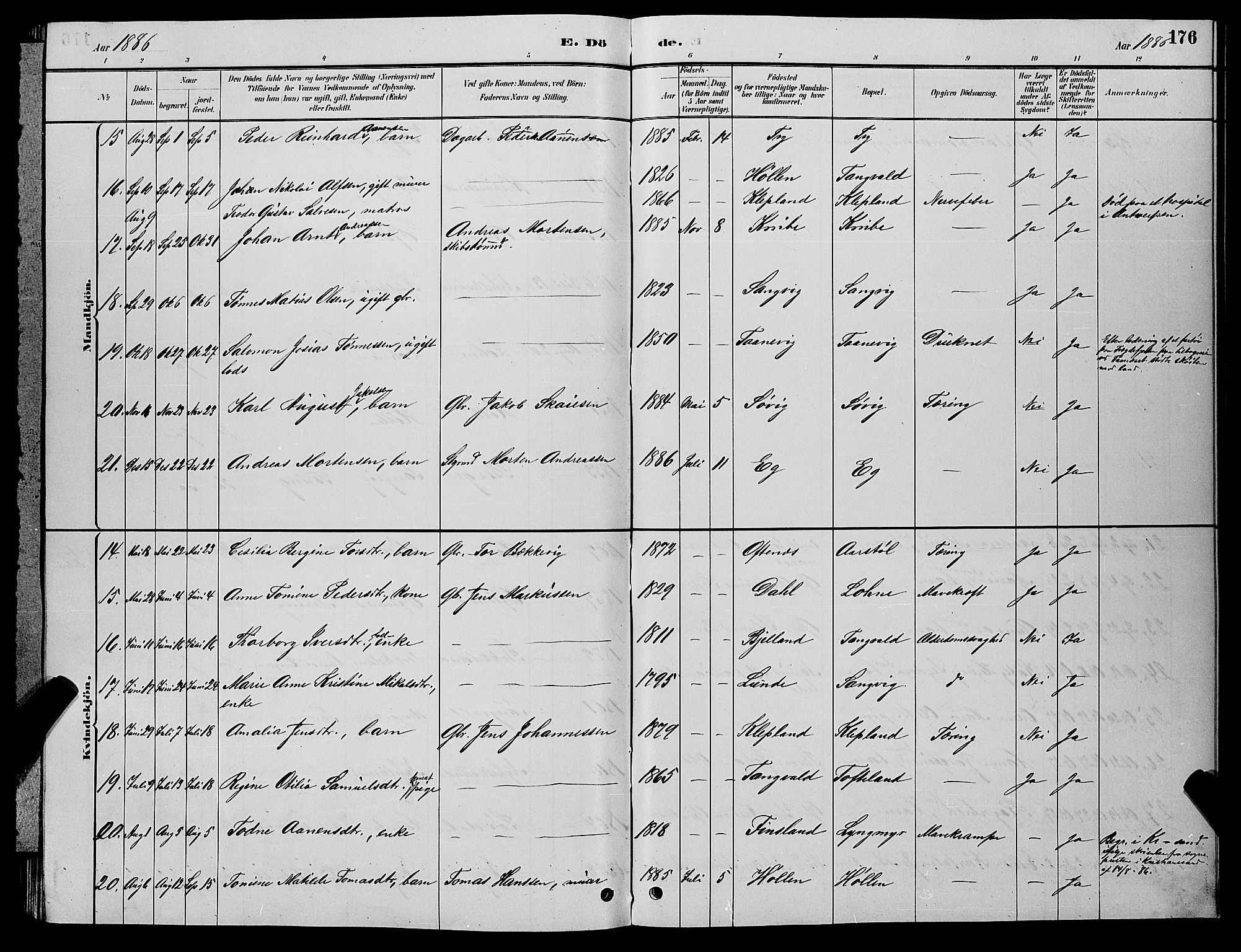 Søgne sokneprestkontor, SAK/1111-0037/F/Fb/Fbb/L0005: Parish register (copy) no. B 5, 1884-1891, p. 176