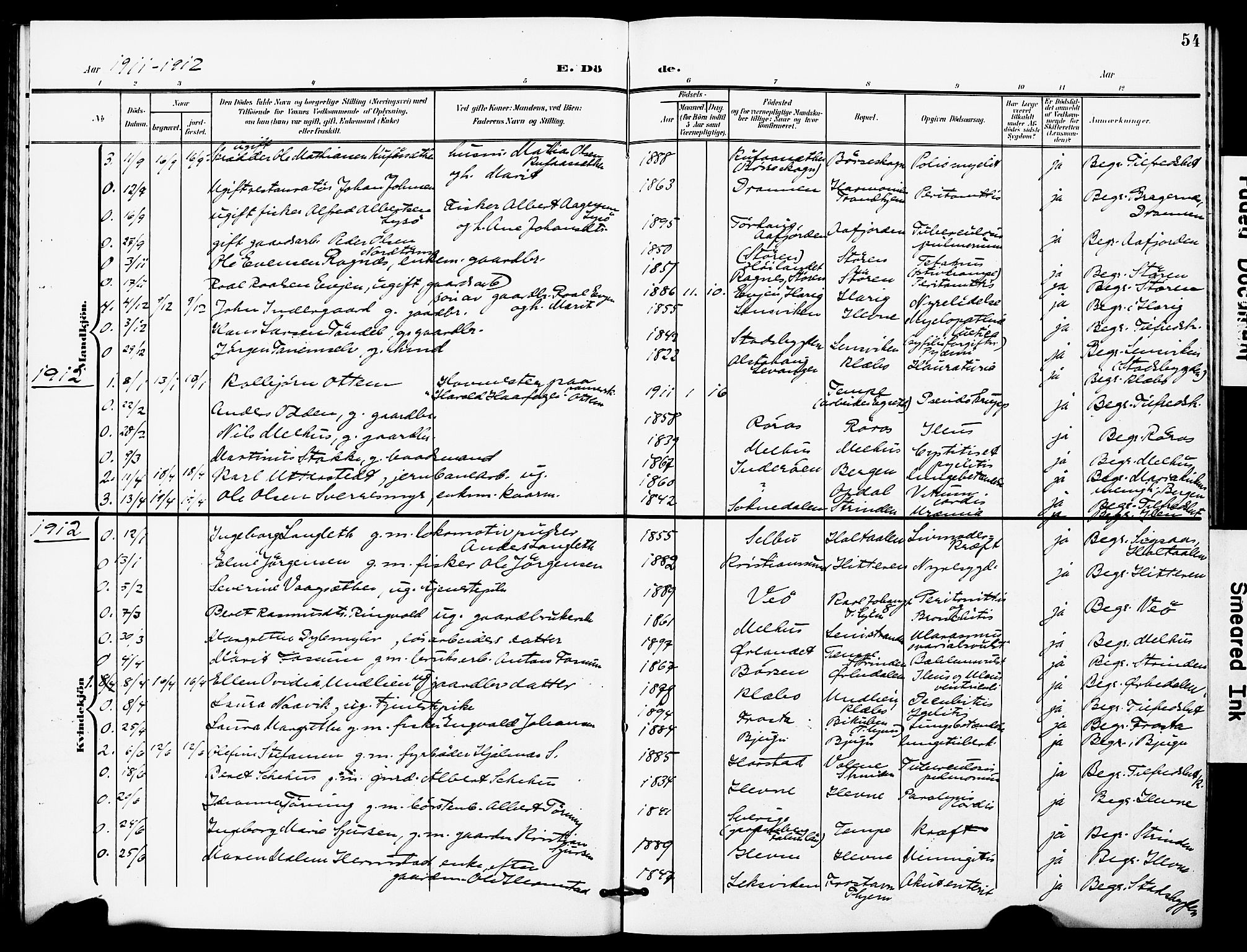Ministerialprotokoller, klokkerbøker og fødselsregistre - Sør-Trøndelag, SAT/A-1456/628/L0483: Parish register (official) no. 628A01, 1902-1920, p. 54