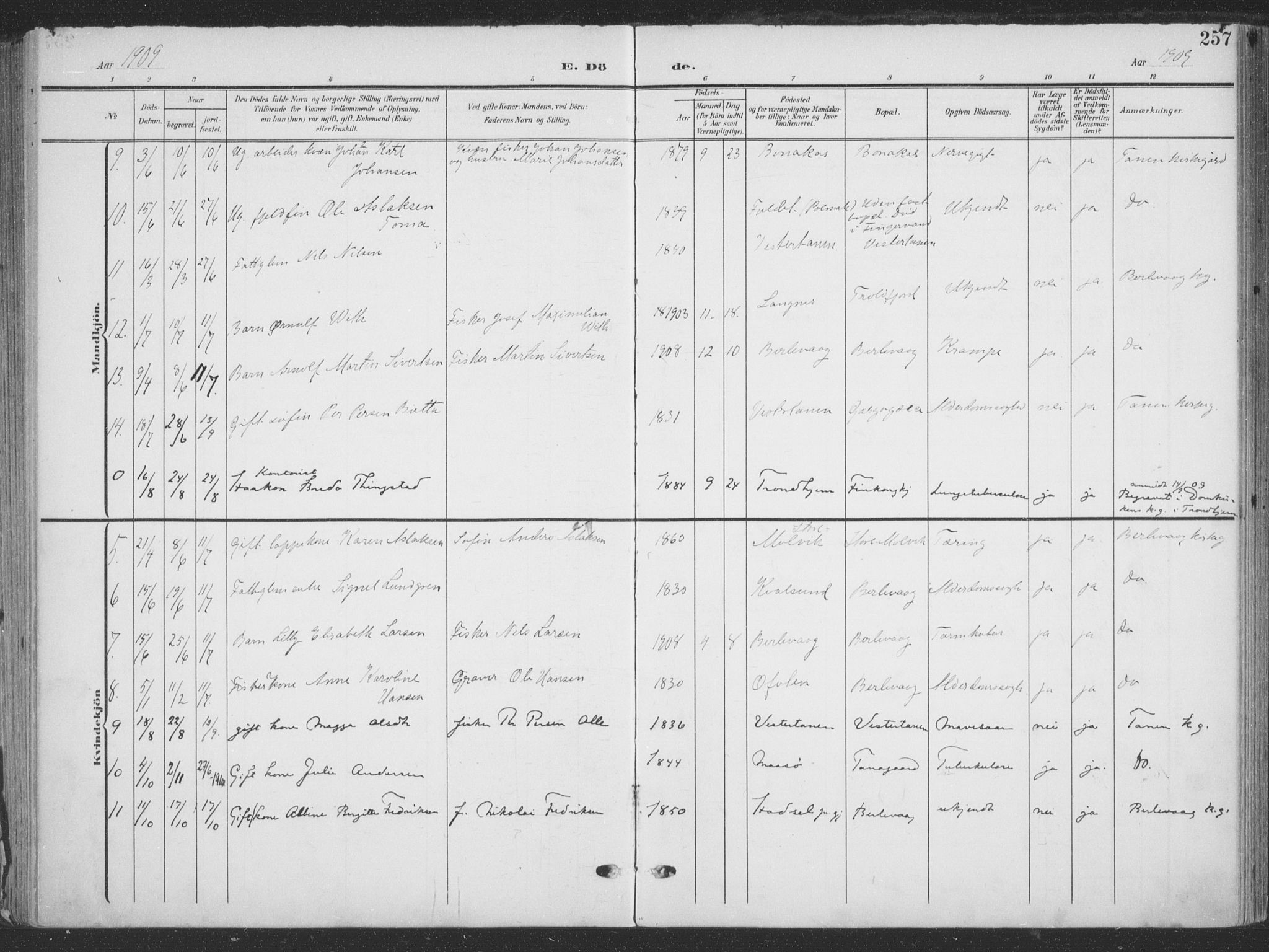 Tana sokneprestkontor, AV/SATØ-S-1334/H/Ha/L0007kirke: Parish register (official) no. 7, 1904-1918, p. 257