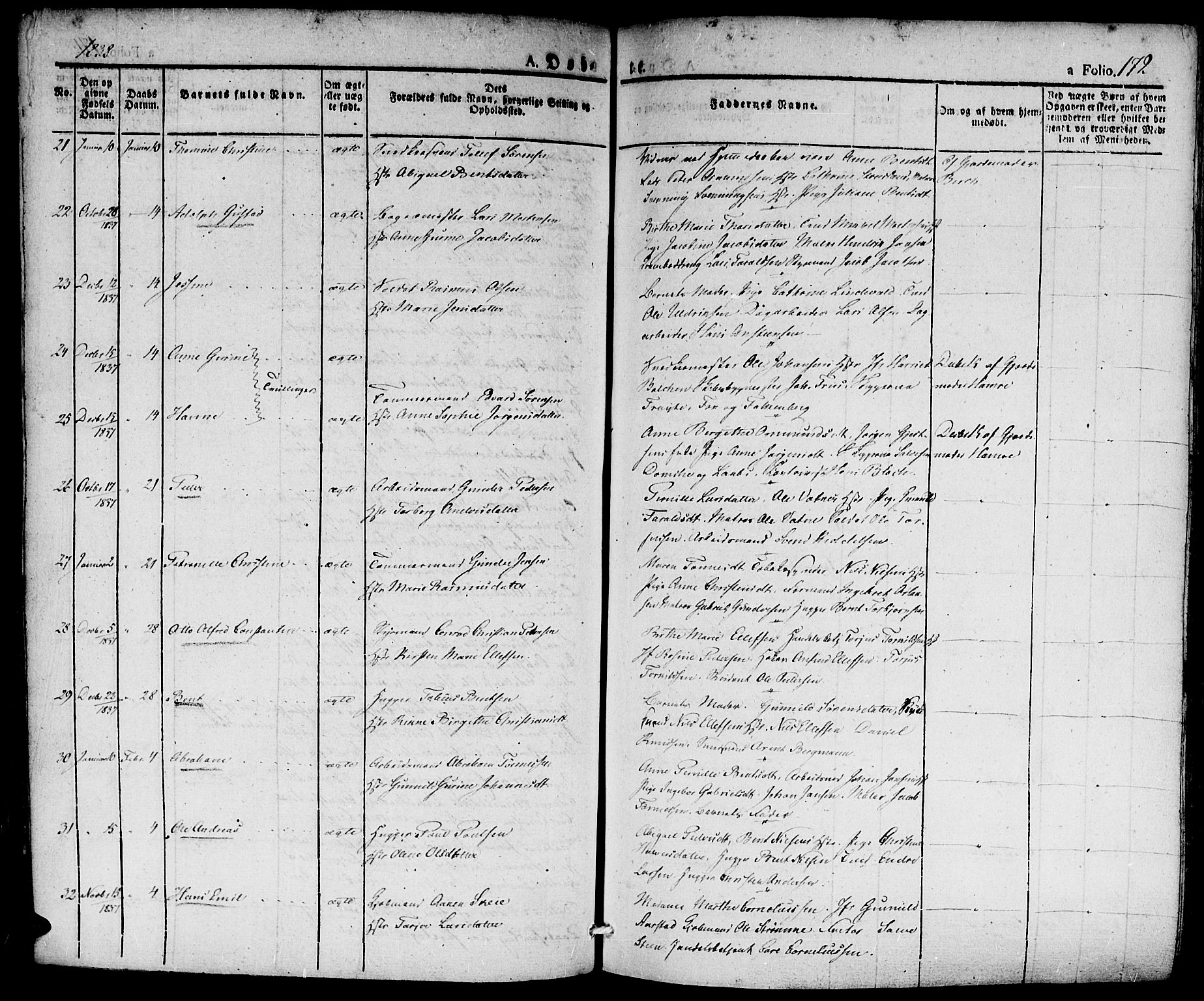 Kristiansand domprosti, SAK/1112-0006/F/Fa/L0011: Parish register (official) no. A 11, 1827-1841, p. 172