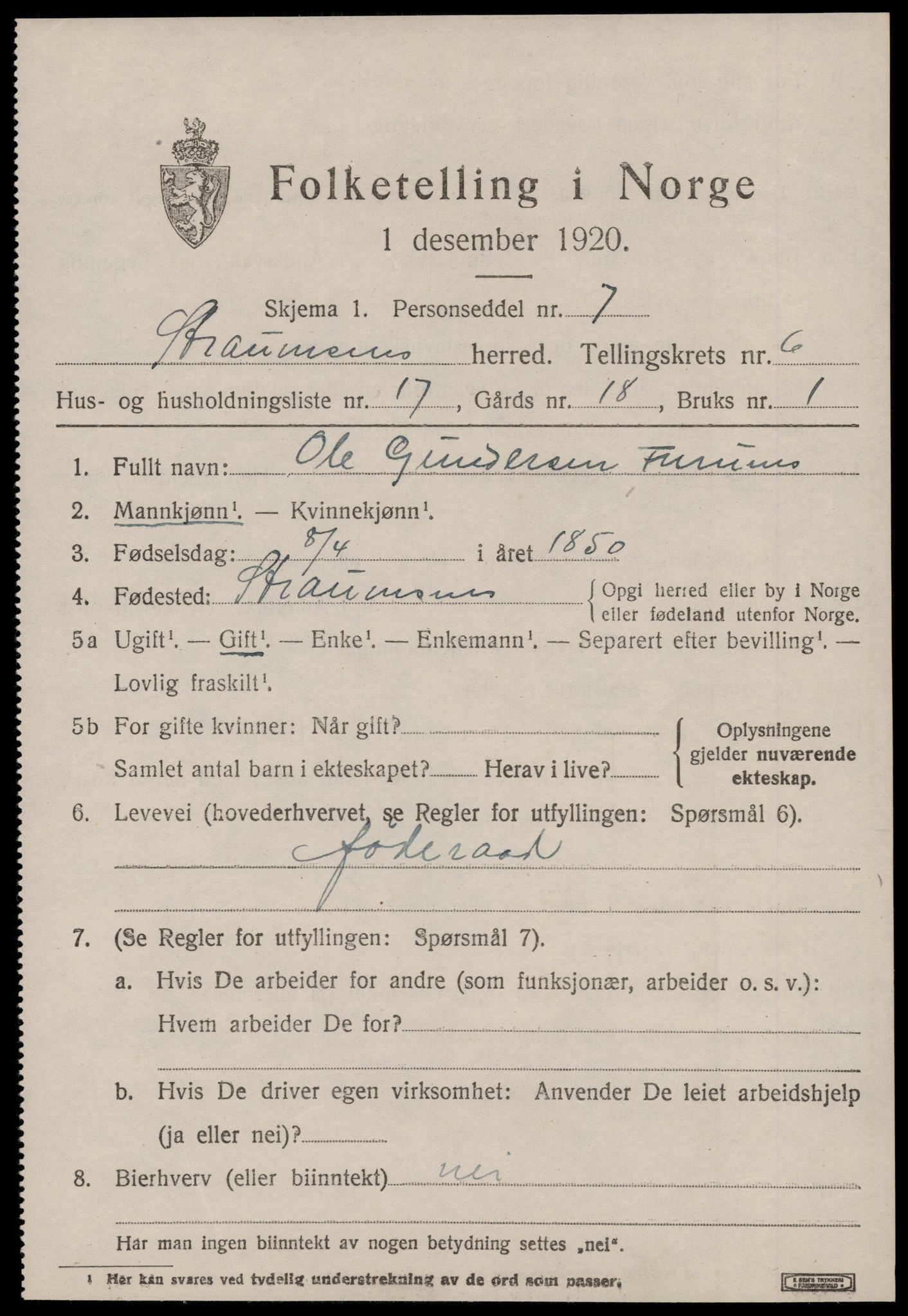 SAT, 1920 census for Straumsnes, 1920, p. 2473