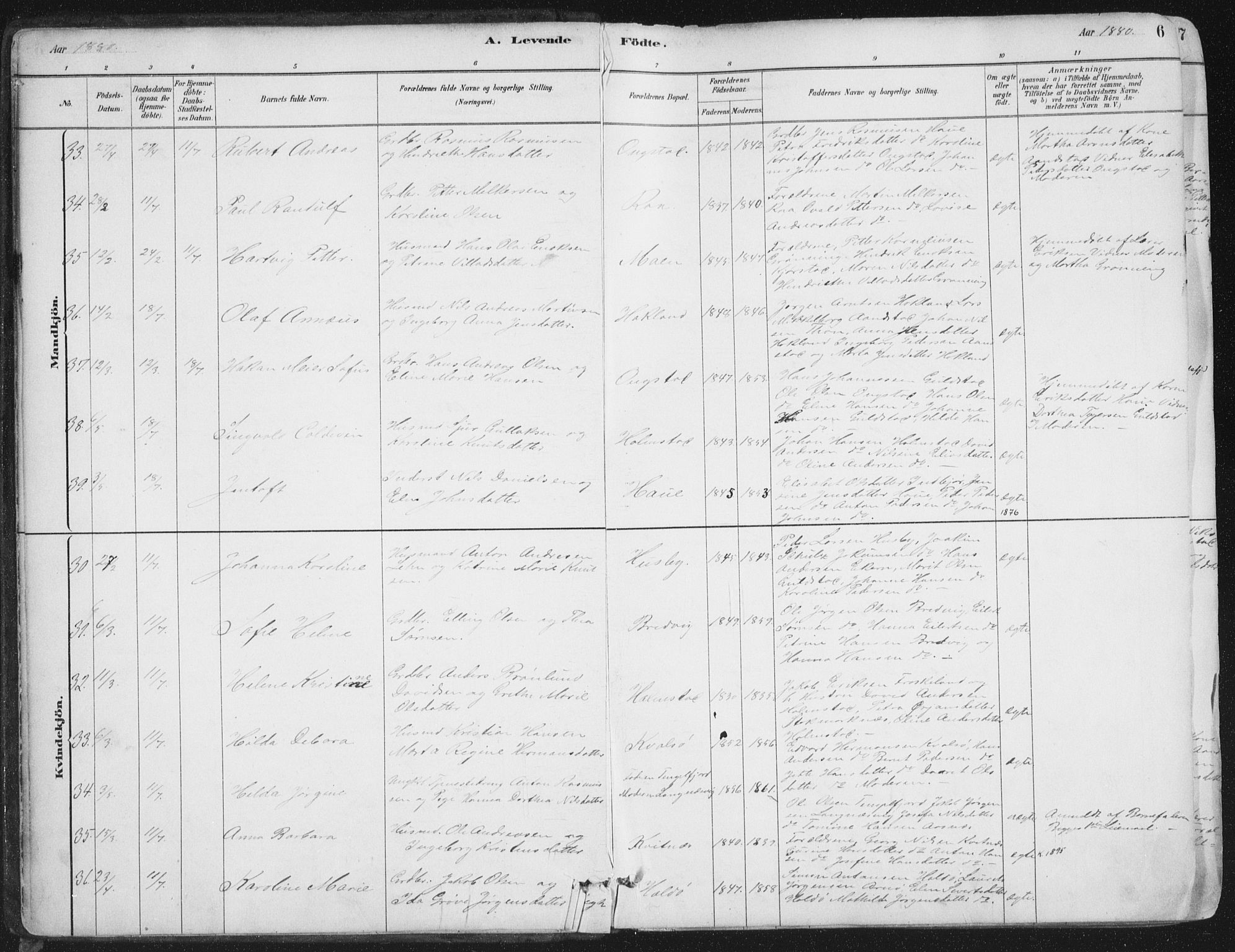 Ministerialprotokoller, klokkerbøker og fødselsregistre - Nordland, AV/SAT-A-1459/888/L1244: Parish register (official) no. 888A10, 1880-1890, p. 6