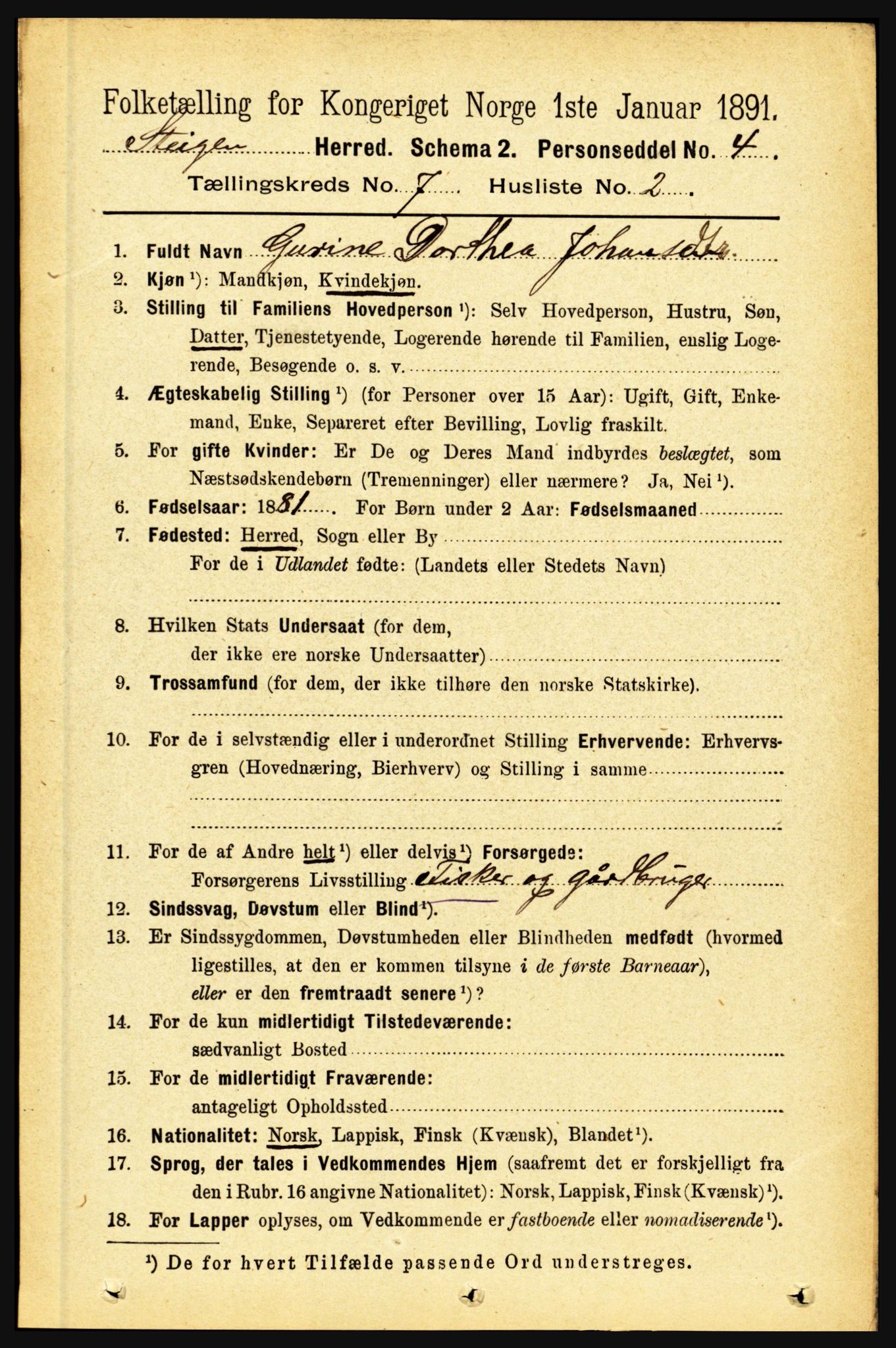 RA, 1891 census for 1848 Steigen, 1891, p. 2276