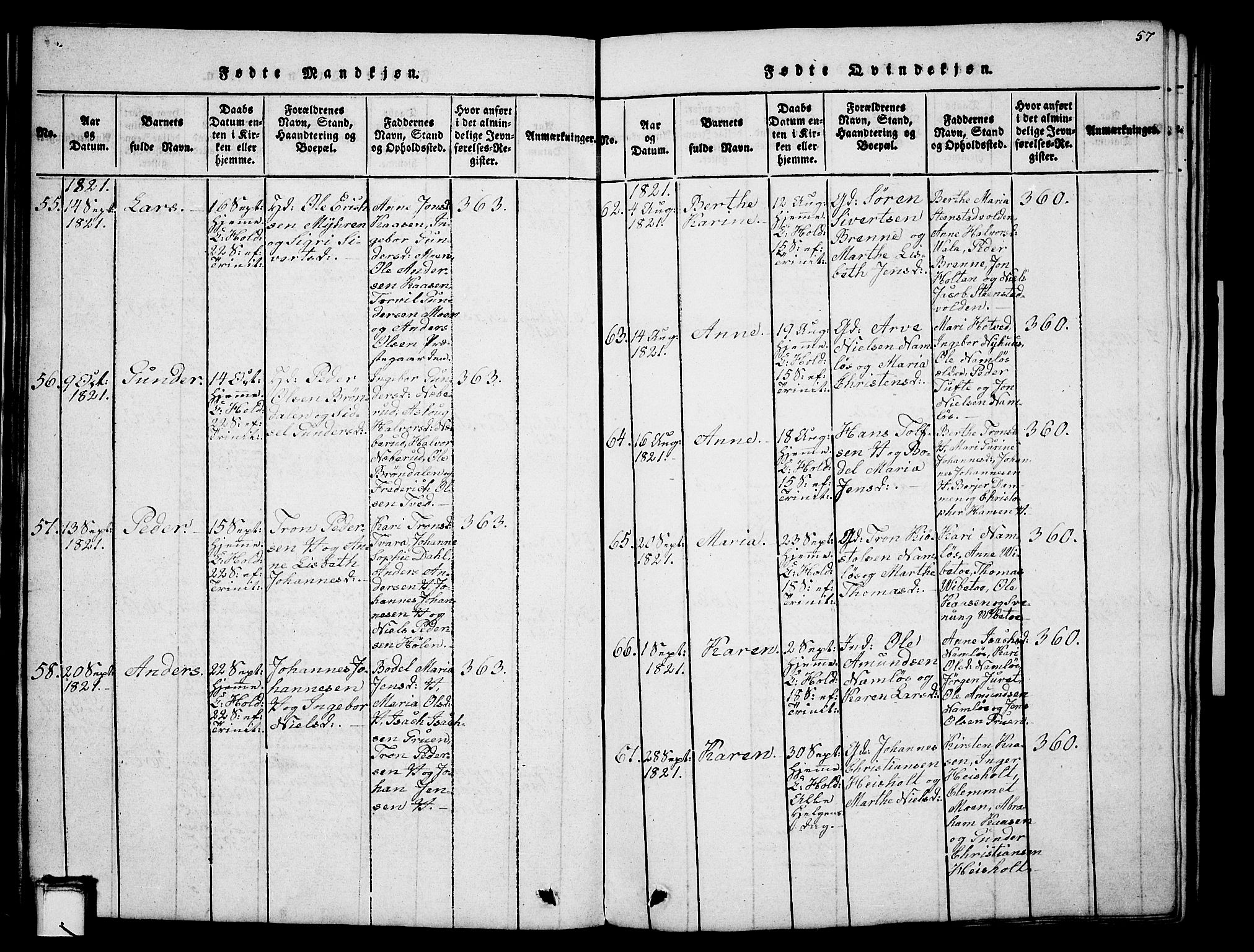 Holla kirkebøker, AV/SAKO-A-272/G/Ga/L0001: Parish register (copy) no. I 1, 1814-1830, p. 57