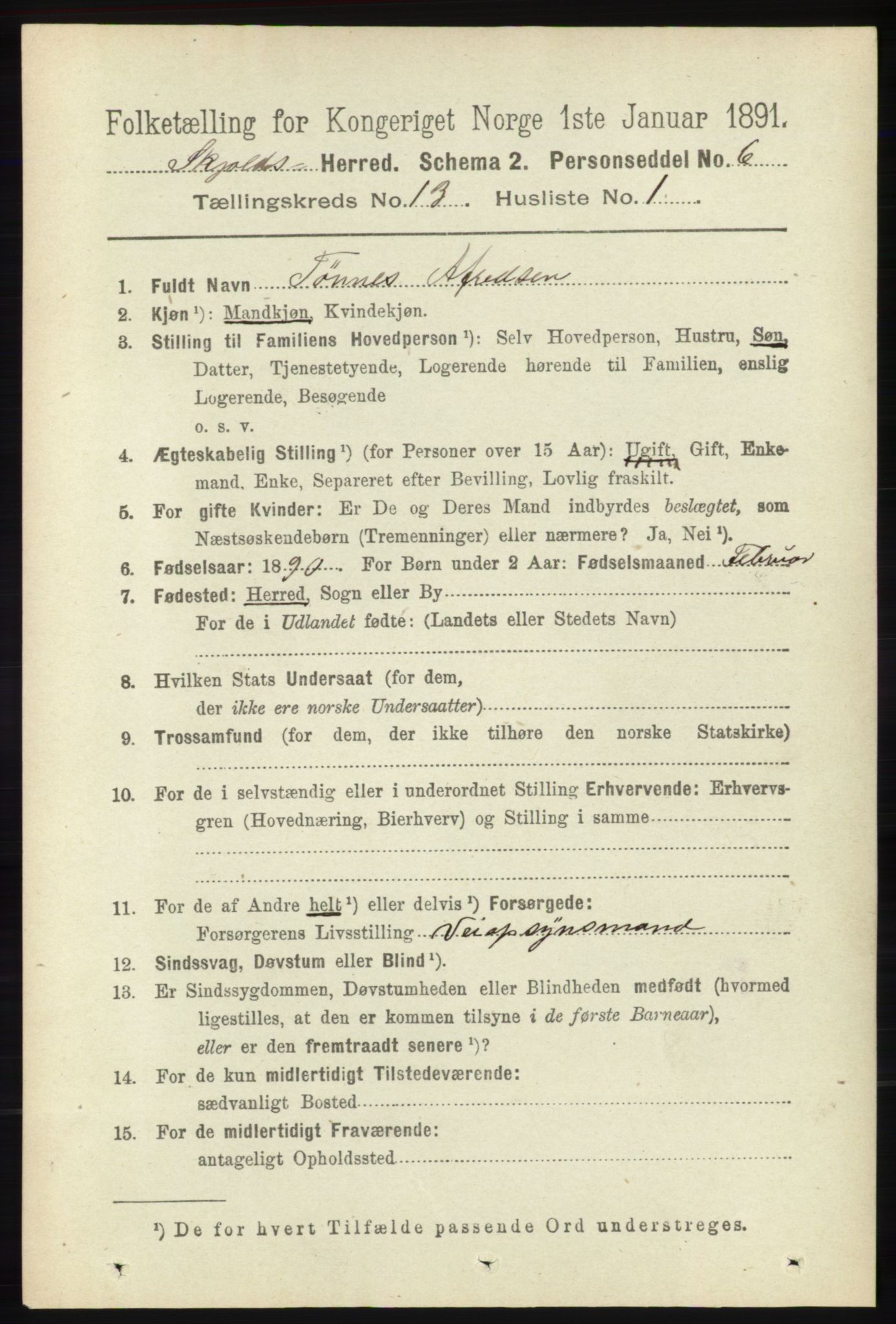 RA, 1891 census for 1154 Skjold, 1891, p. 2406