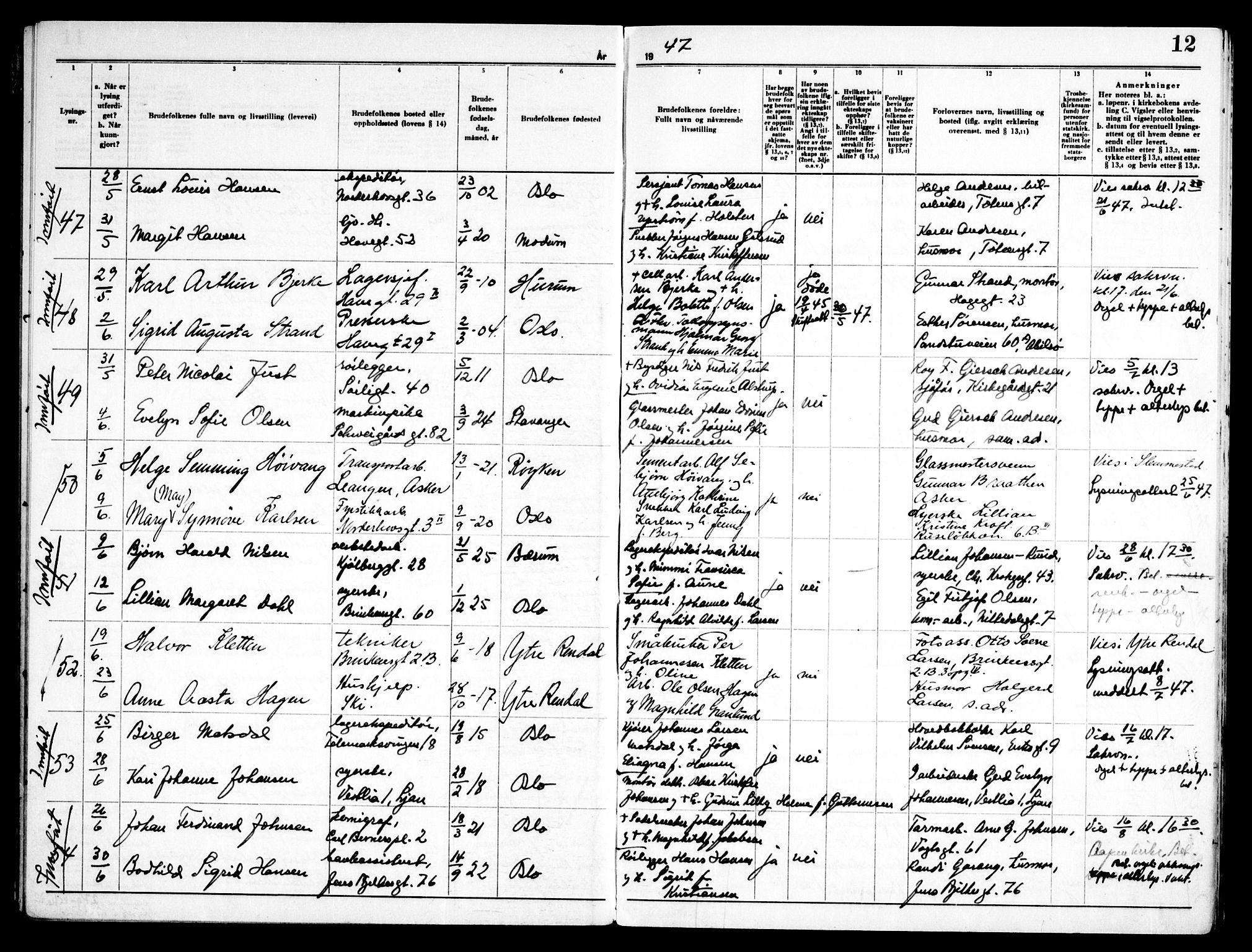 Kampen prestekontor Kirkebøker, AV/SAO-A-10853/H/Ha/L0008: Banns register no. 8, 1946-1956, p. 12