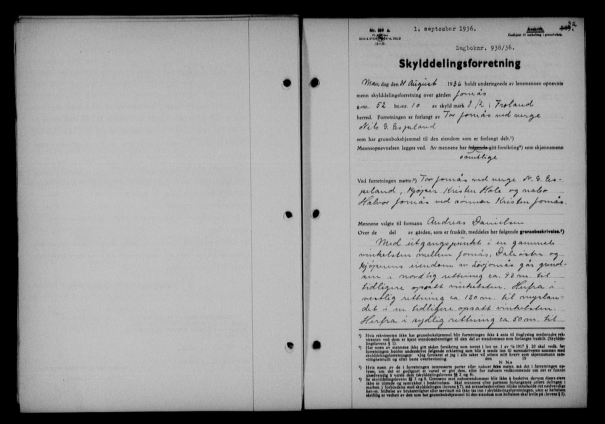 Nedenes sorenskriveri, AV/SAK-1221-0006/G/Gb/Gba/L0043: Mortgage book no. 39, 1936-1937, Diary no: : 938/1936