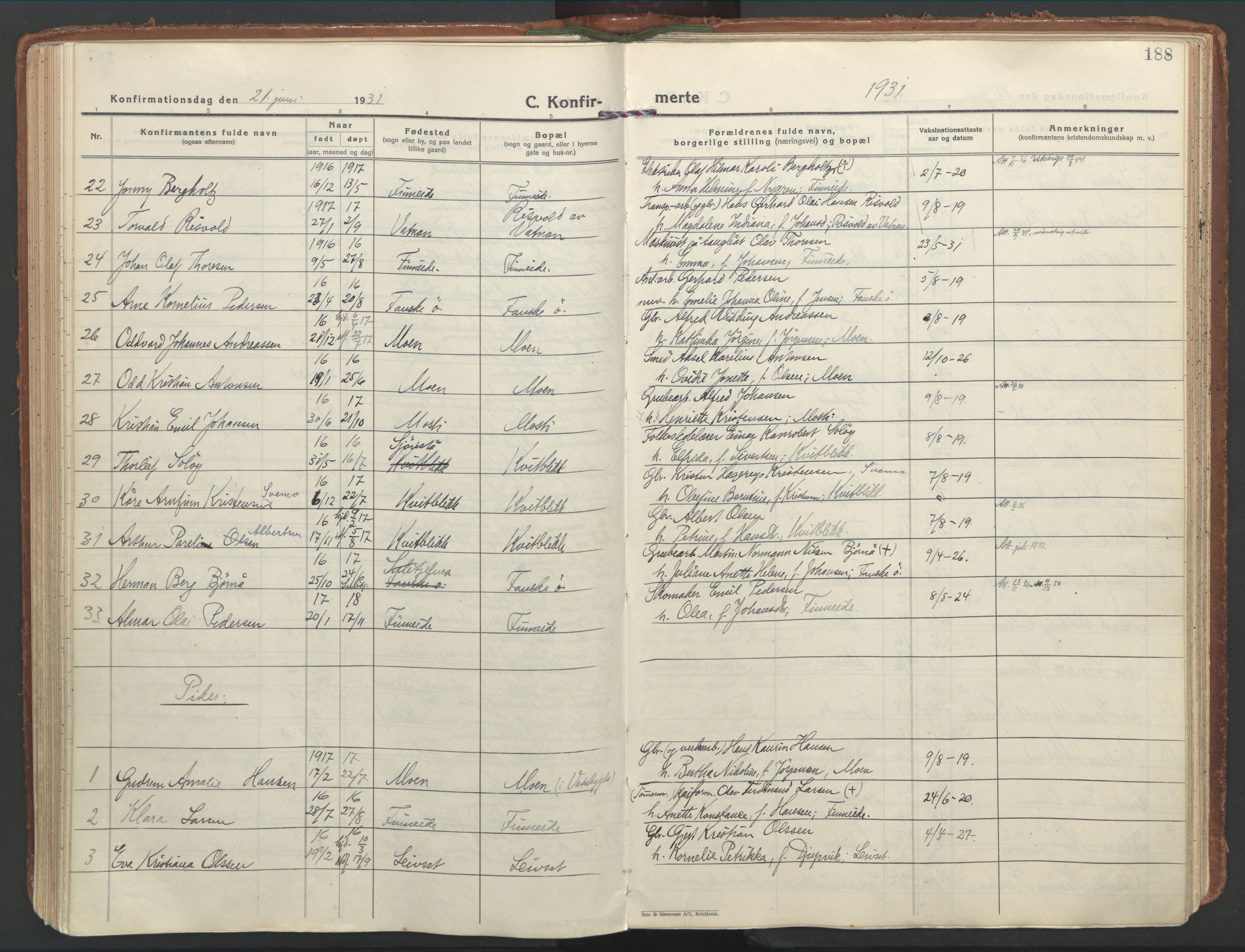 Ministerialprotokoller, klokkerbøker og fødselsregistre - Nordland, SAT/A-1459/849/L0699: Parish register (official) no. 849A10, 1924-1937, p. 188