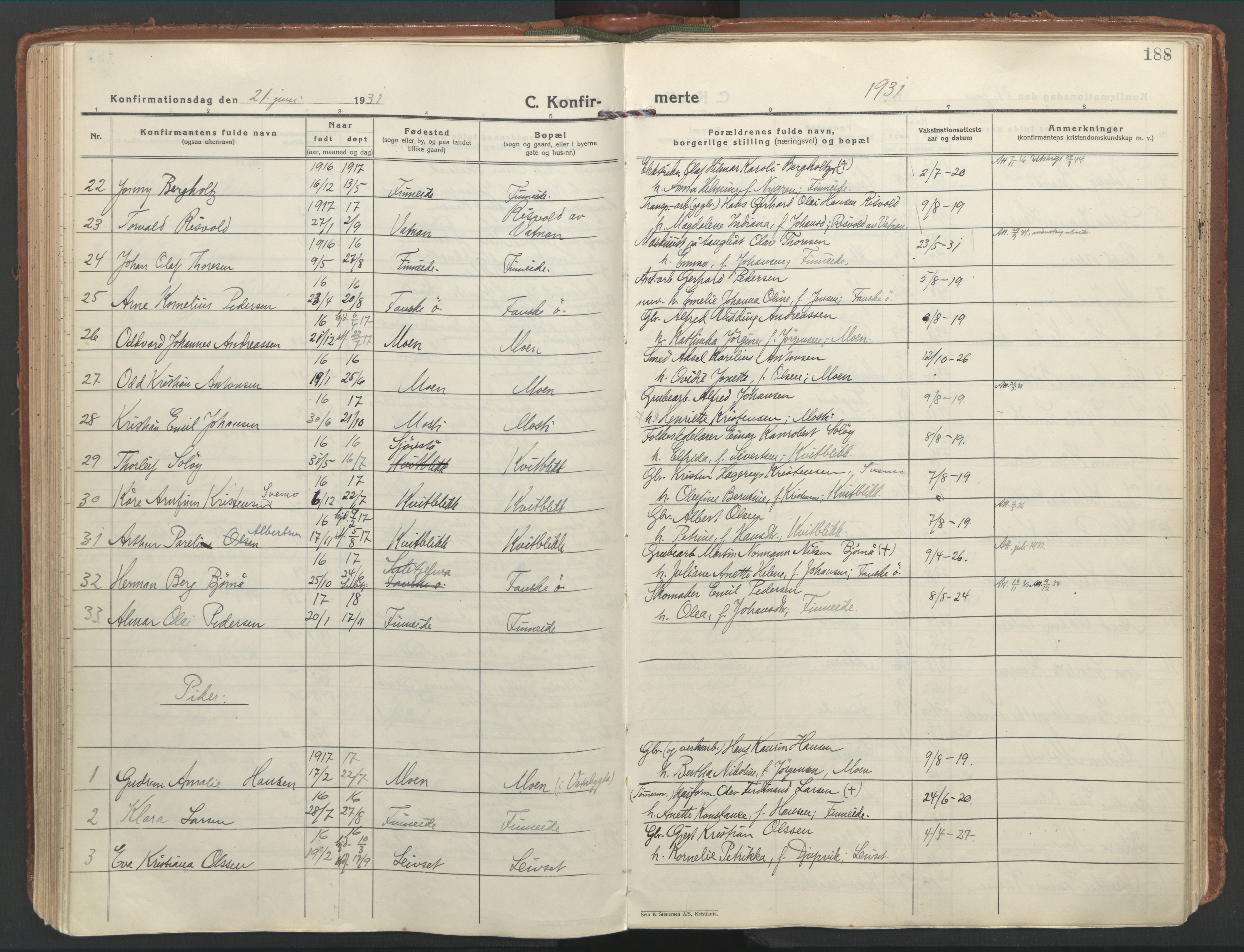 Ministerialprotokoller, klokkerbøker og fødselsregistre - Nordland, AV/SAT-A-1459/849/L0699: Parish register (official) no. 849A10, 1924-1937, p. 188