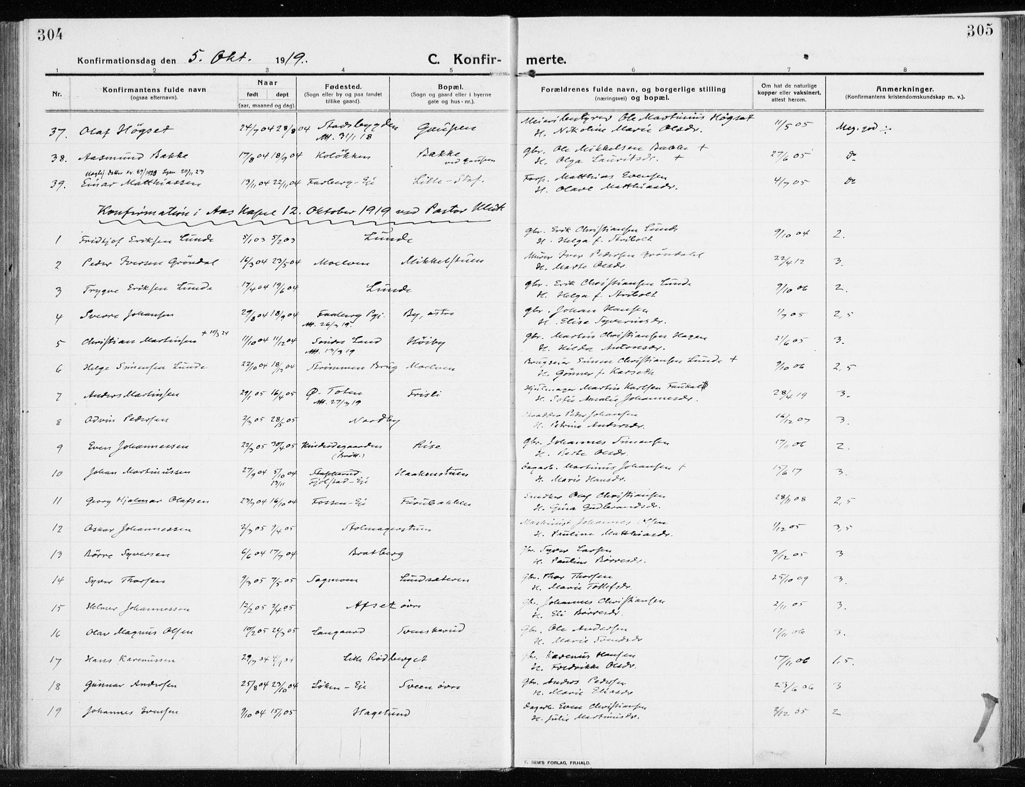 Ringsaker prestekontor, AV/SAH-PREST-014/K/Ka/L0020: Parish register (official) no. 20, 1913-1922, p. 304-305