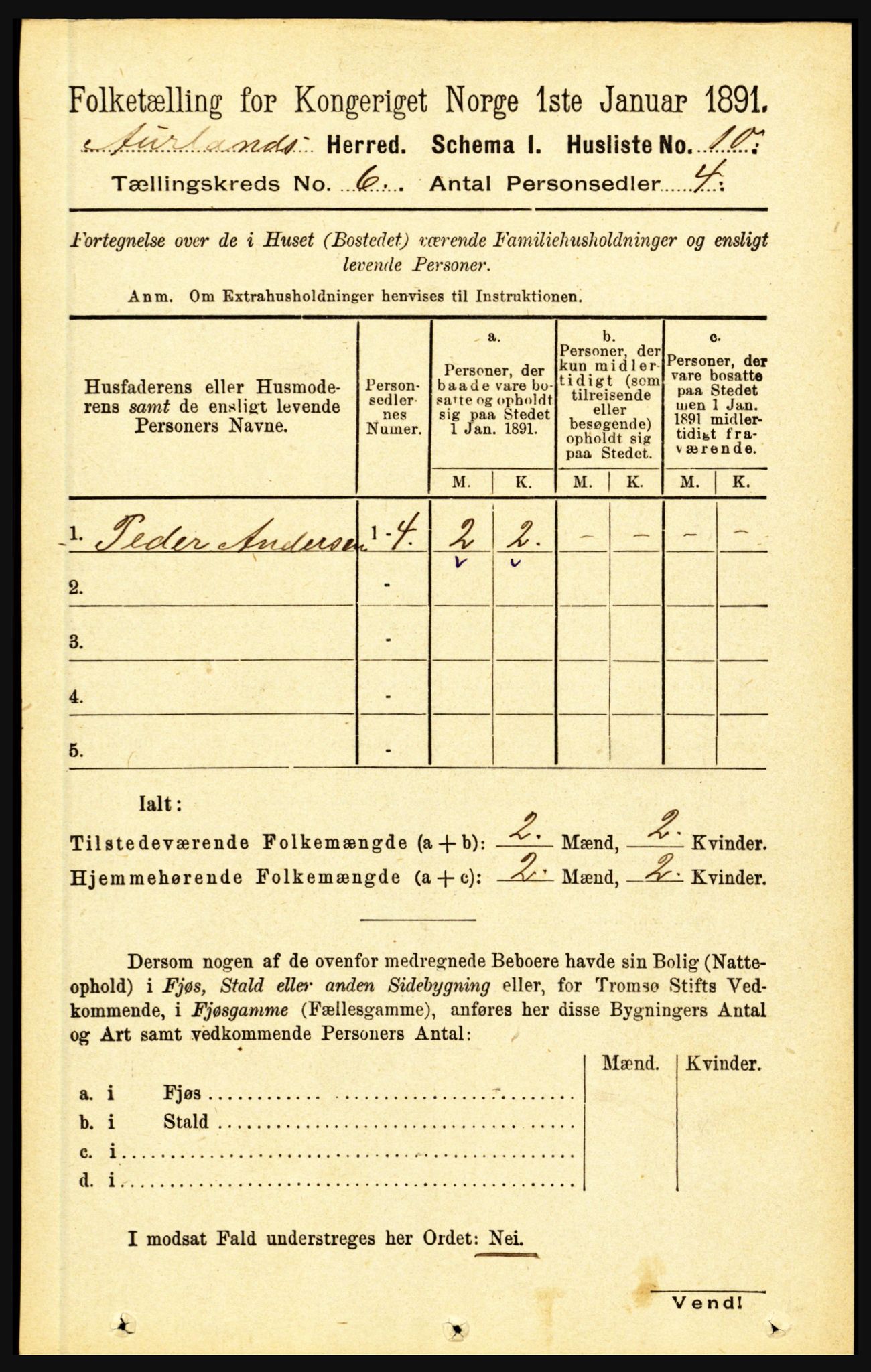 RA, 1891 census for 1421 Aurland, 1891, p. 2210