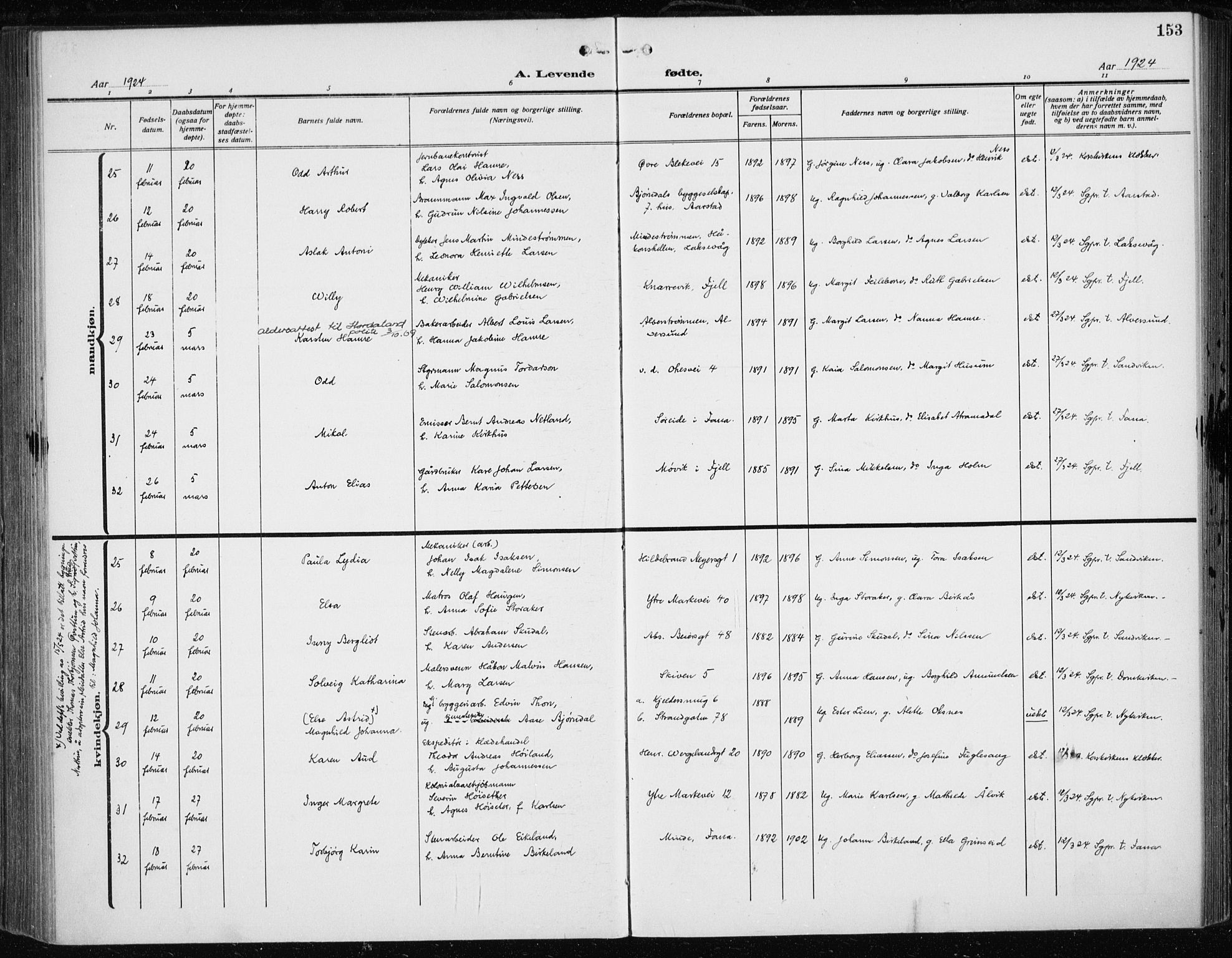 Fødselsstiftelsens sokneprestembete*, SAB/-: Parish register (official) no. A 5, 1918-1926, p. 153