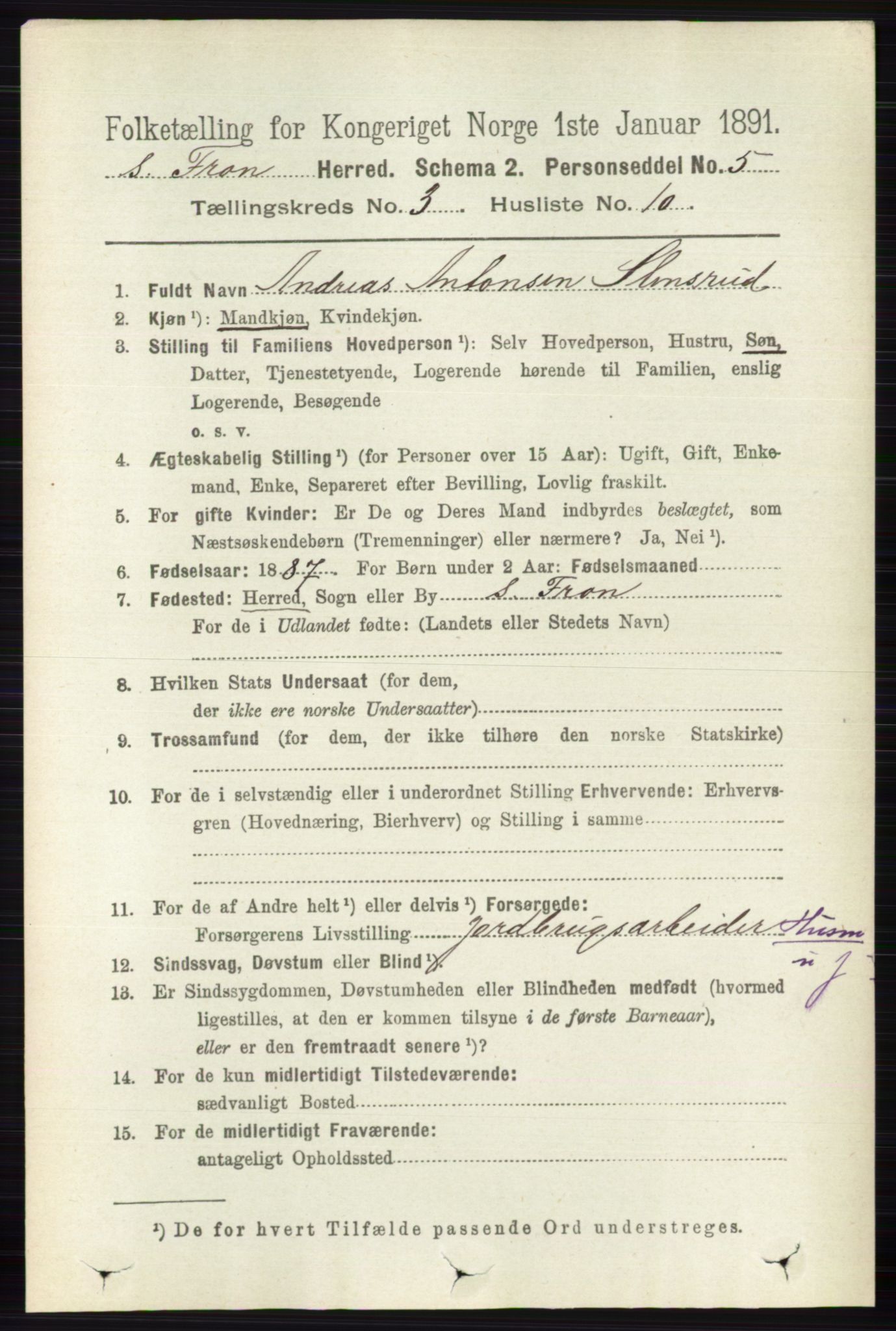 RA, 1891 census for 0519 Sør-Fron, 1891, p. 1021