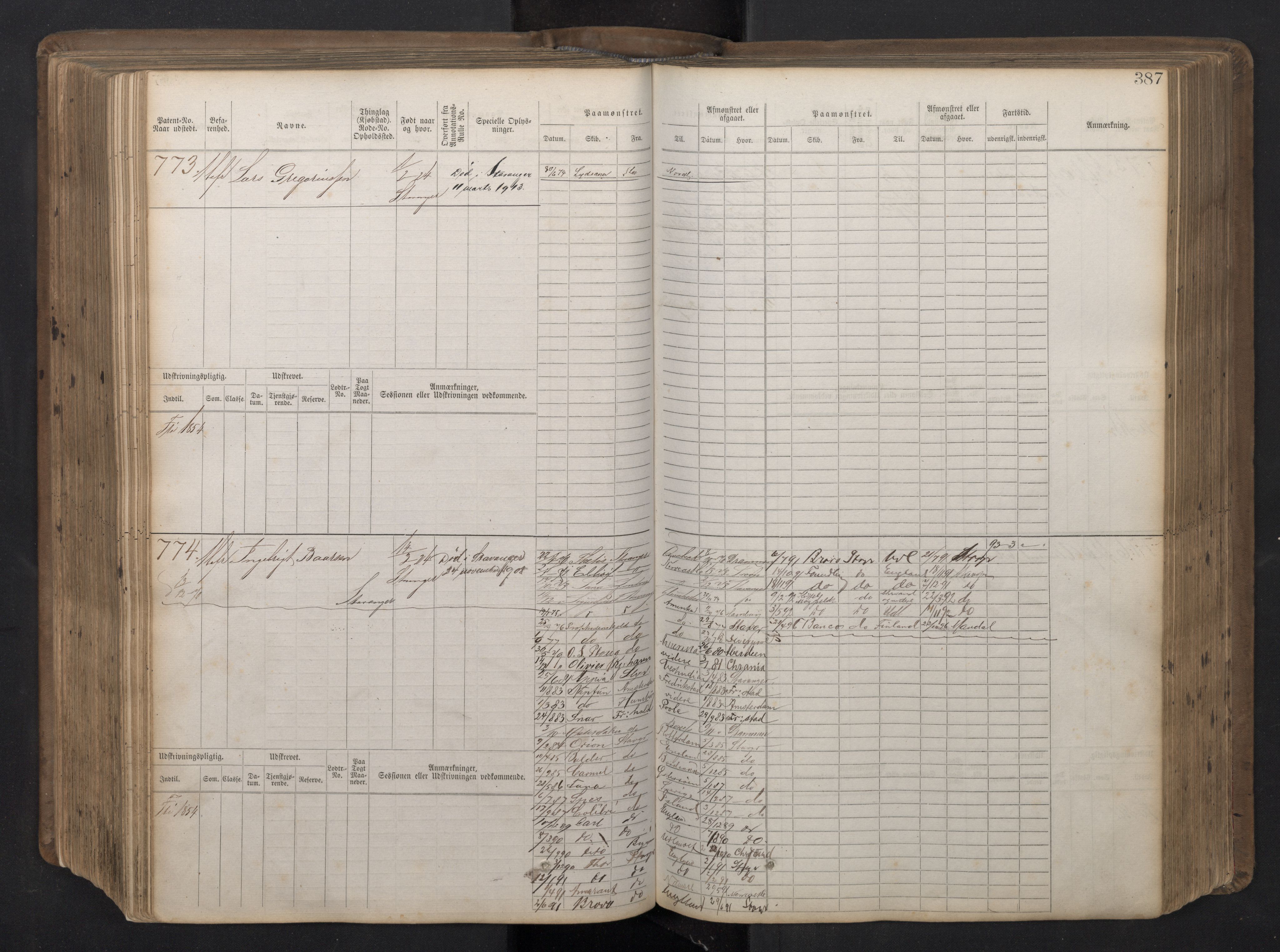 Stavanger sjømannskontor, AV/SAST-A-102006/F/Fb/Fbb/L0016: Sjøfartshovedrulle patnentnr. 1-1202 (dublett), 1869, p. 387