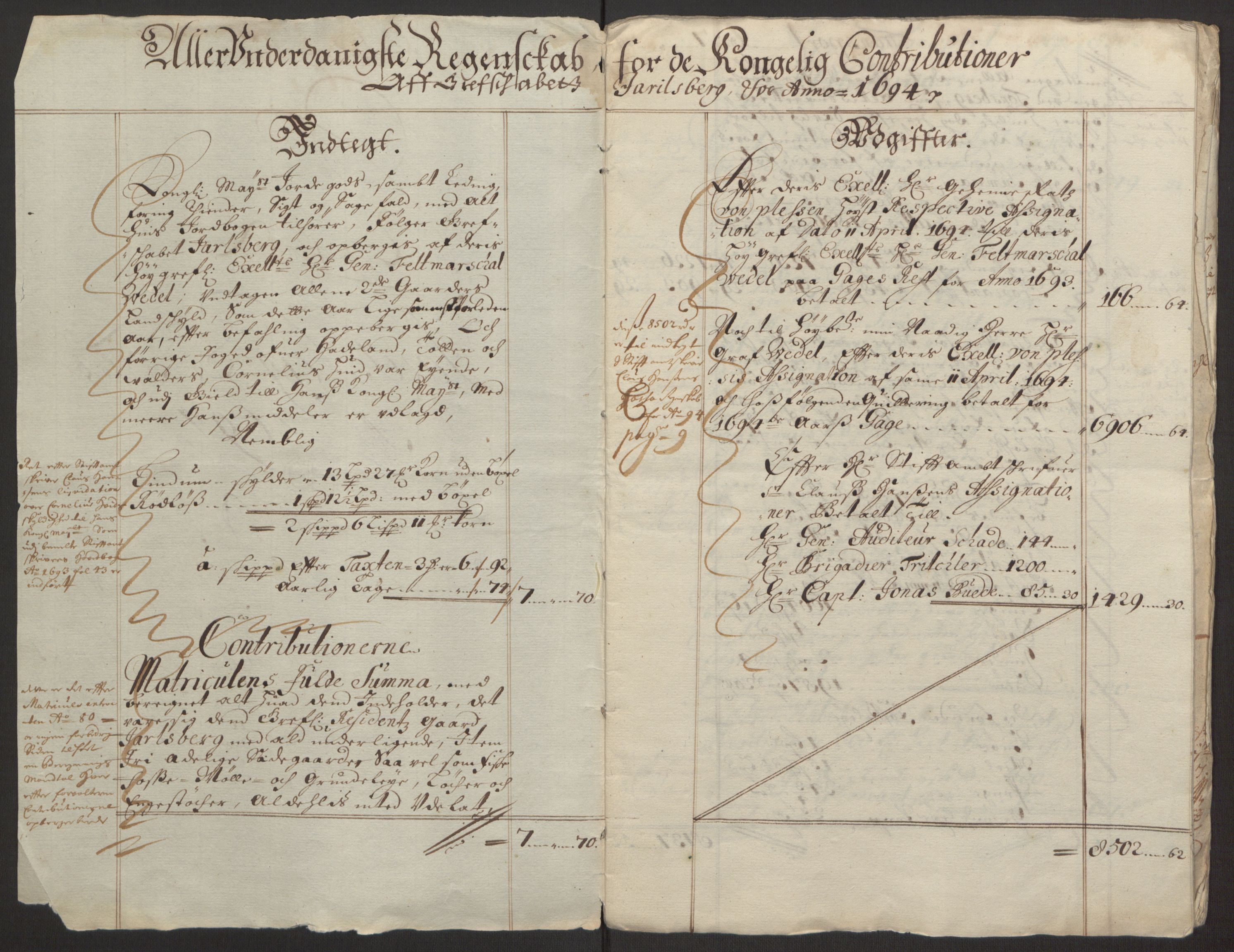 Rentekammeret inntil 1814, Reviderte regnskaper, Fogderegnskap, RA/EA-4092/R32/L1867: Fogderegnskap Jarlsberg grevskap, 1694-1696, p. 4
