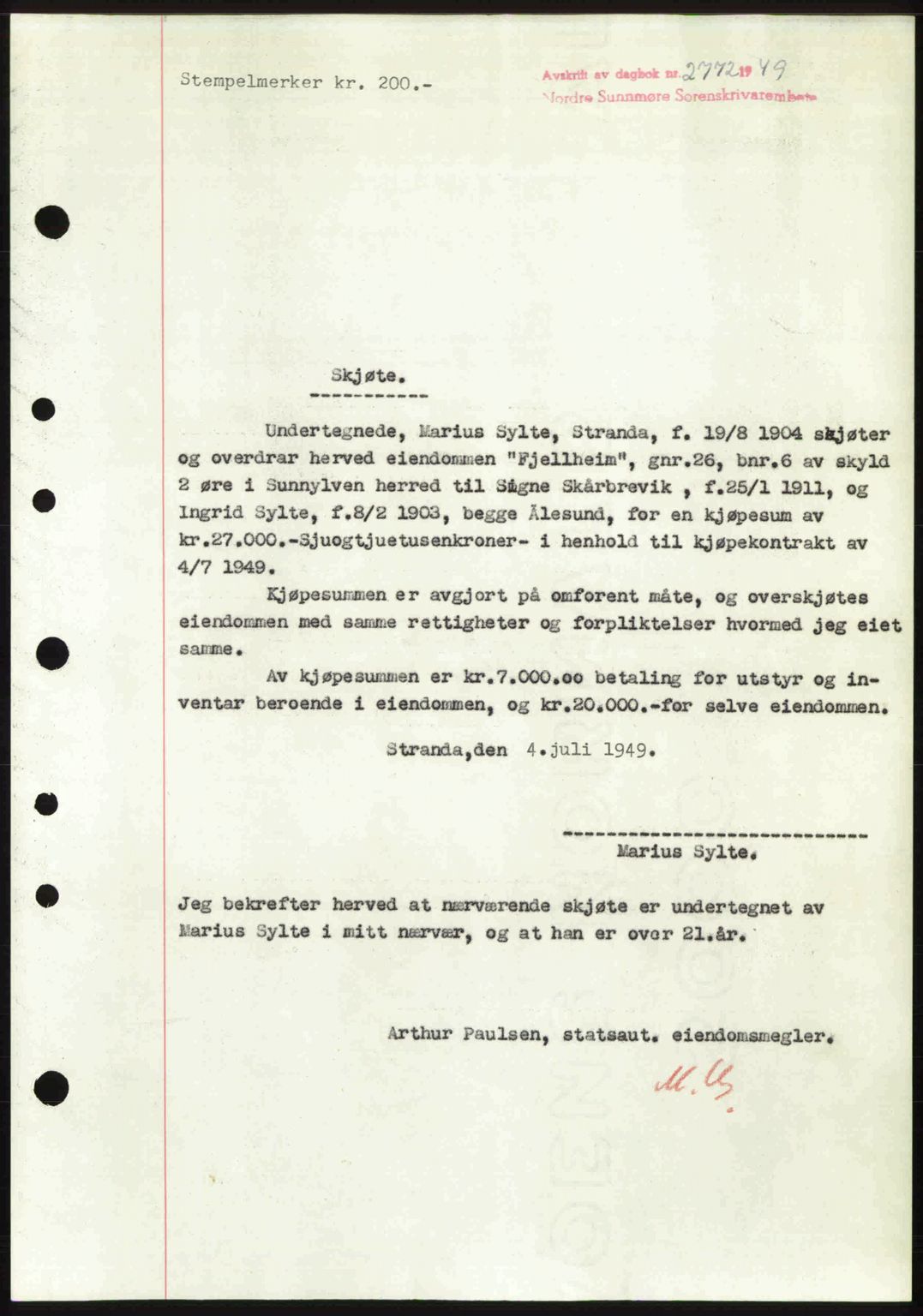 Nordre Sunnmøre sorenskriveri, AV/SAT-A-0006/1/2/2C/2Ca: Mortgage book no. A33, 1949-1950, Diary no: : 2772/1949