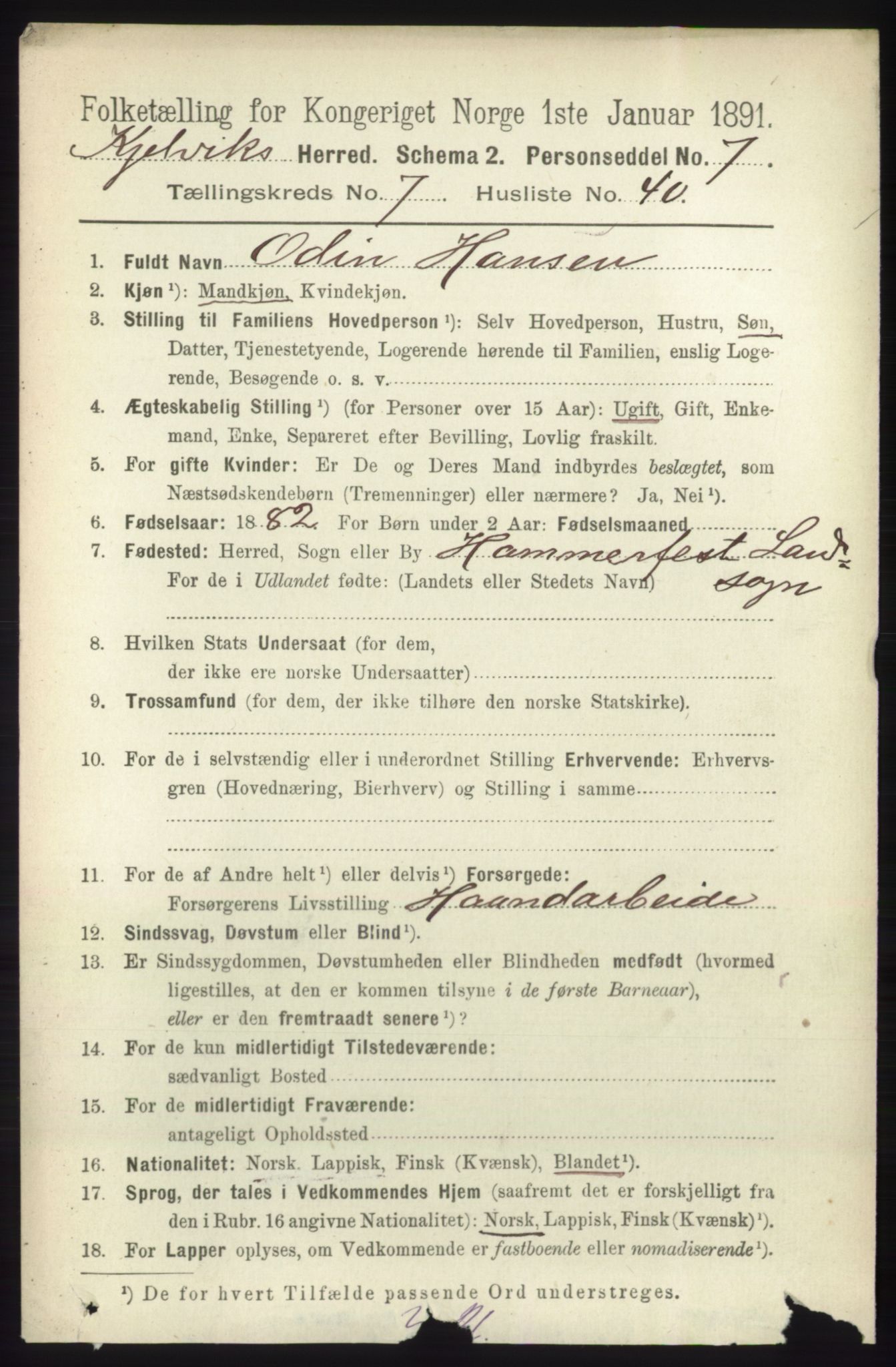 RA, 1891 census for 2019 Kjelvik, 1891, p. 1146