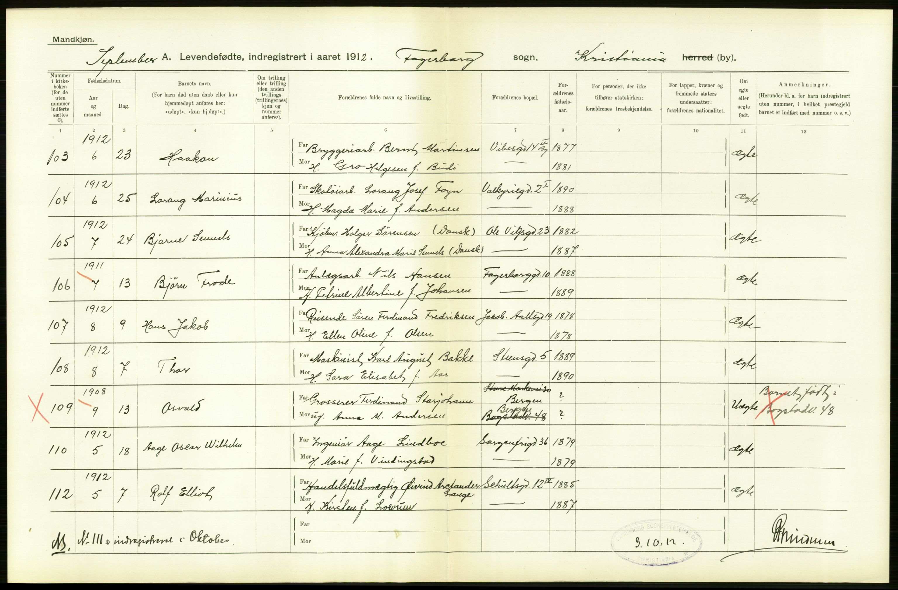 Statistisk sentralbyrå, Sosiodemografiske emner, Befolkning, RA/S-2228/D/Df/Dfb/Dfbb/L0007: Kristiania:  Levendefødte menn og kvinner., 1912, p. 628