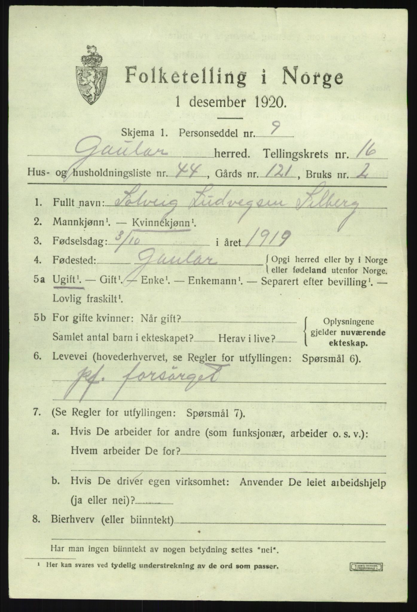 SAB, 1920 census for Gaular, 1920, p. 7460