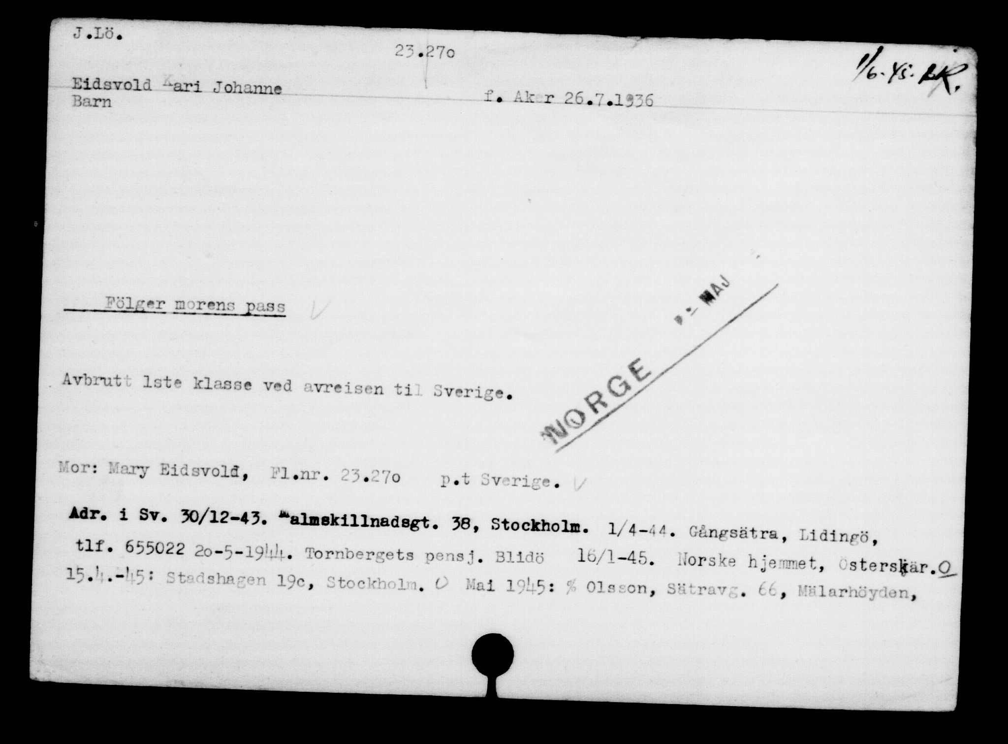 Den Kgl. Norske Legasjons Flyktningskontor, RA/S-6753/V/Va/L0010: Kjesäterkartoteket.  Flyktningenr. 22000-25314, 1940-1945, p. 1360