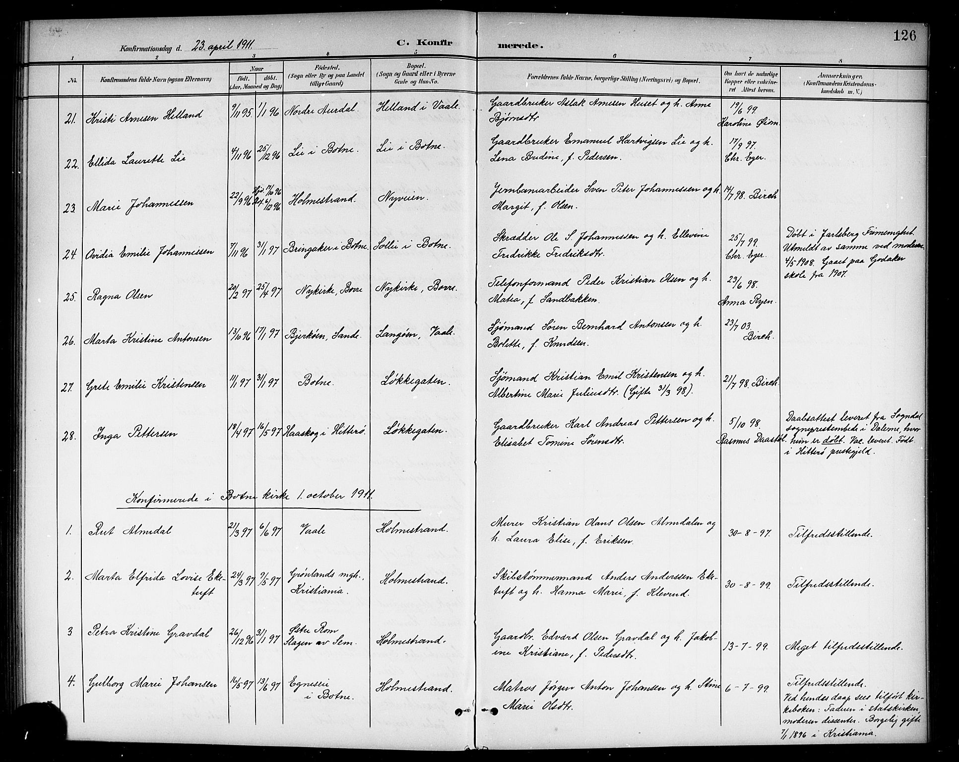 Holmestrand kirkebøker, AV/SAKO-A-346/G/Ga/L0006: Parish register (copy) no. 6, 1901-1923, p. 126