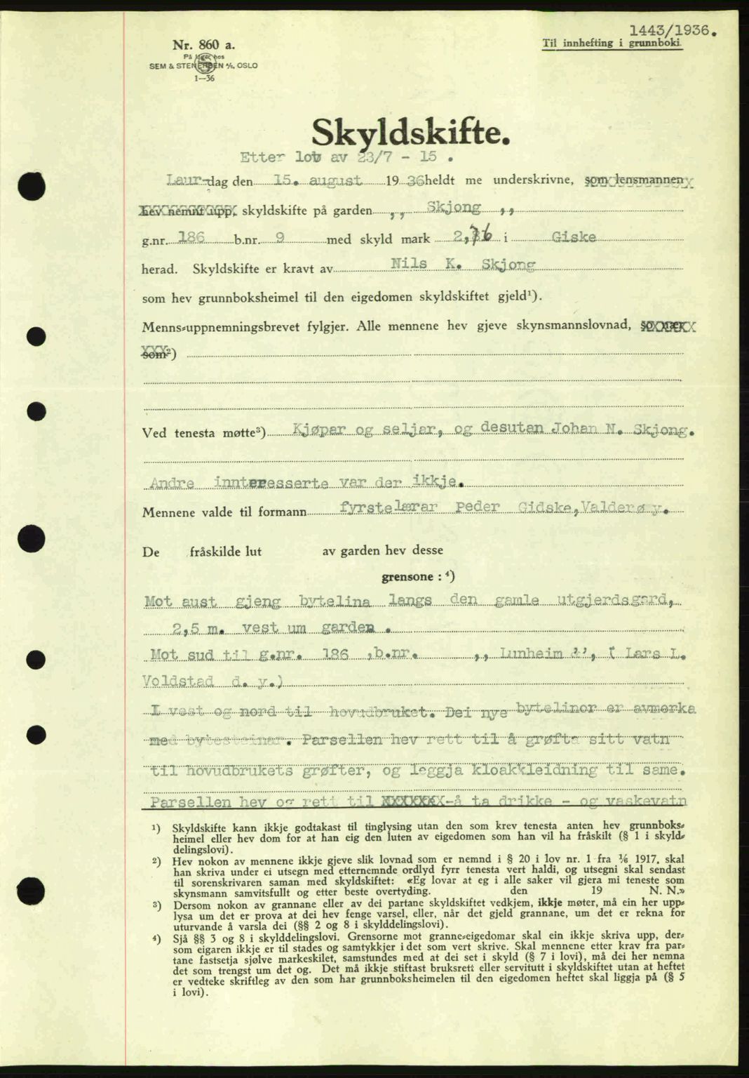 Nordre Sunnmøre sorenskriveri, AV/SAT-A-0006/1/2/2C/2Ca: Mortgage book no. A2, 1936-1937, Diary no: : 1443/1936