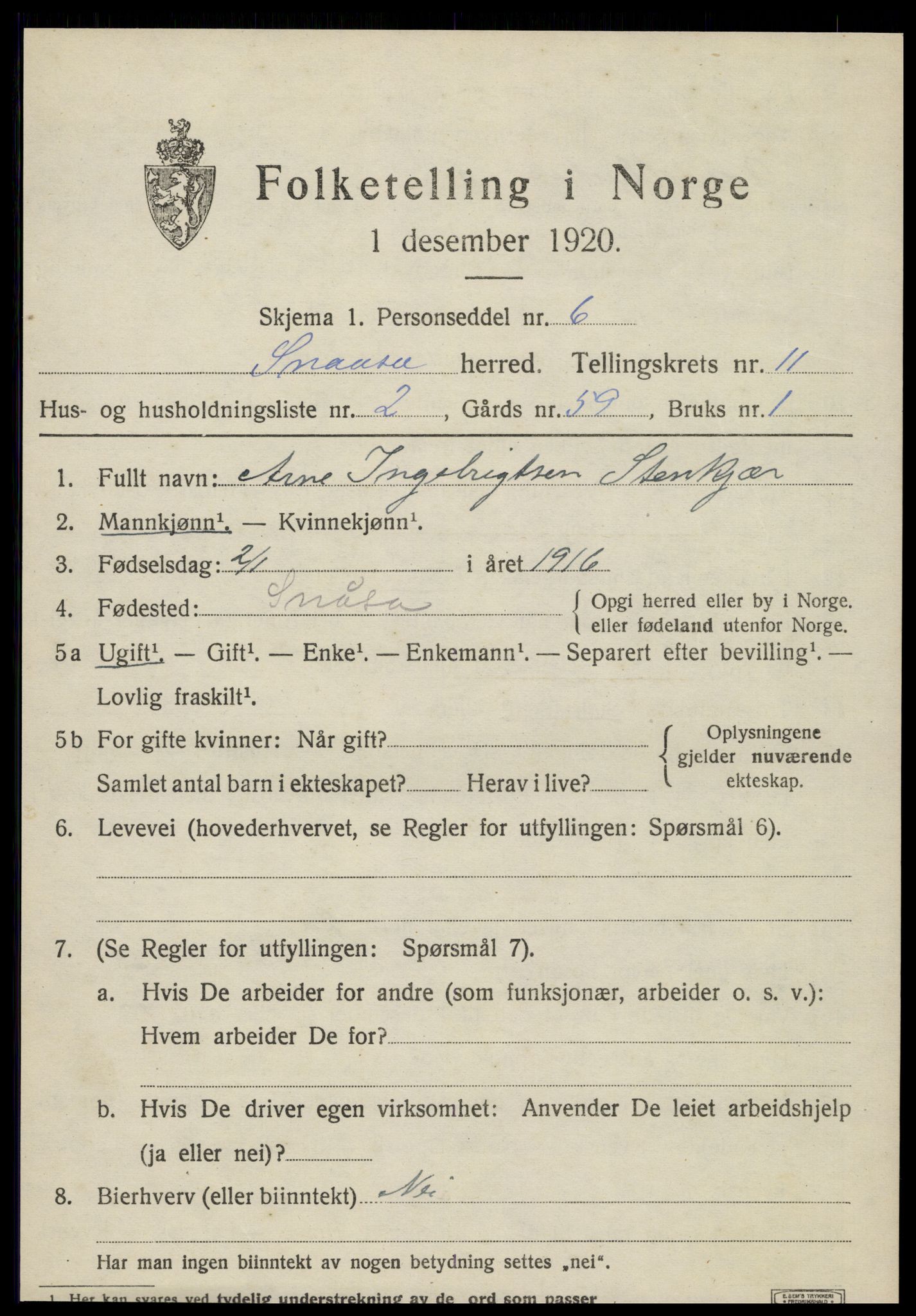 SAT, 1920 census for Snåsa, 1920, p. 5016