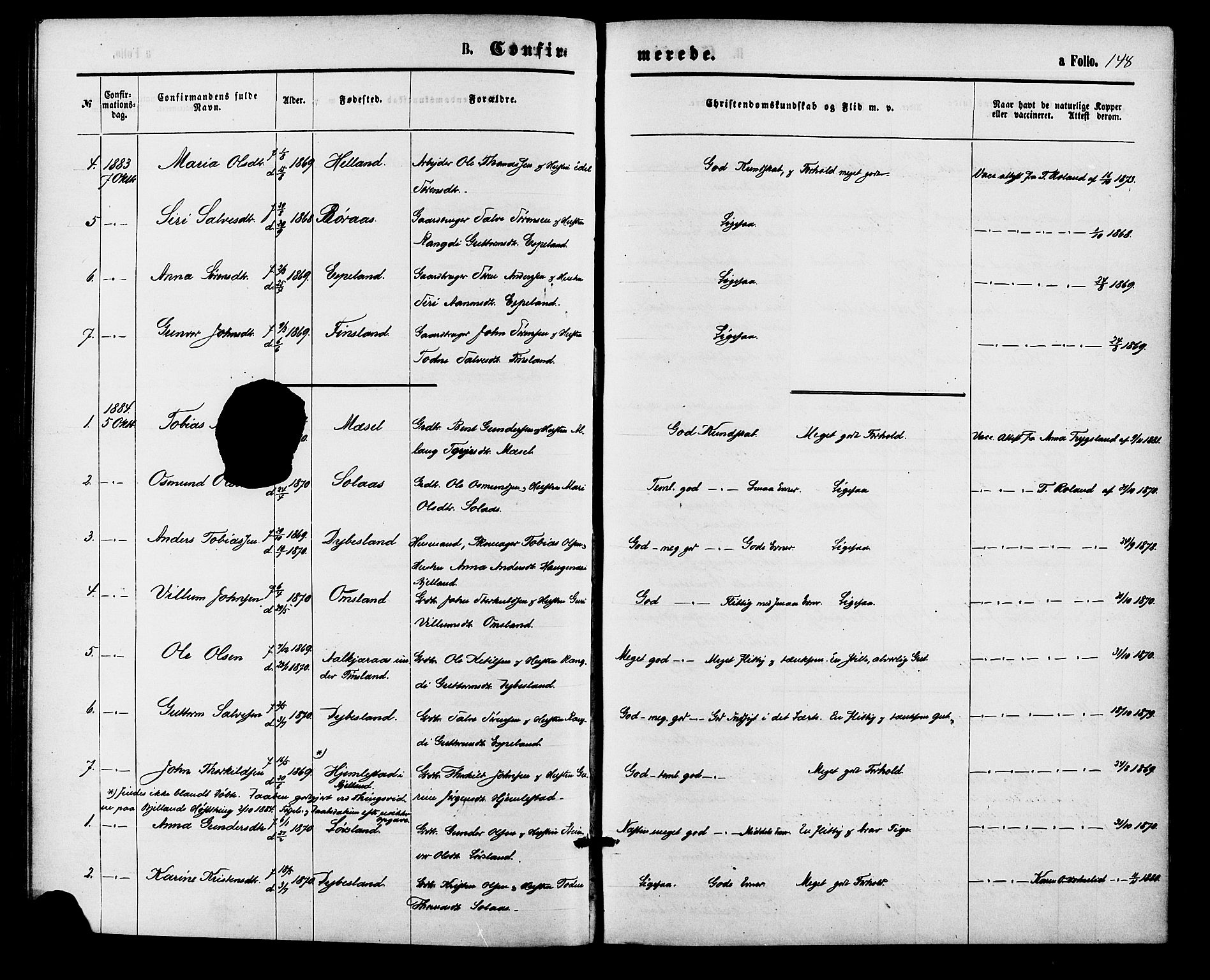 Bjelland sokneprestkontor, SAK/1111-0005/F/Fa/Fab/L0003: Parish register (official) no. A 3, 1870-1887, p. 148