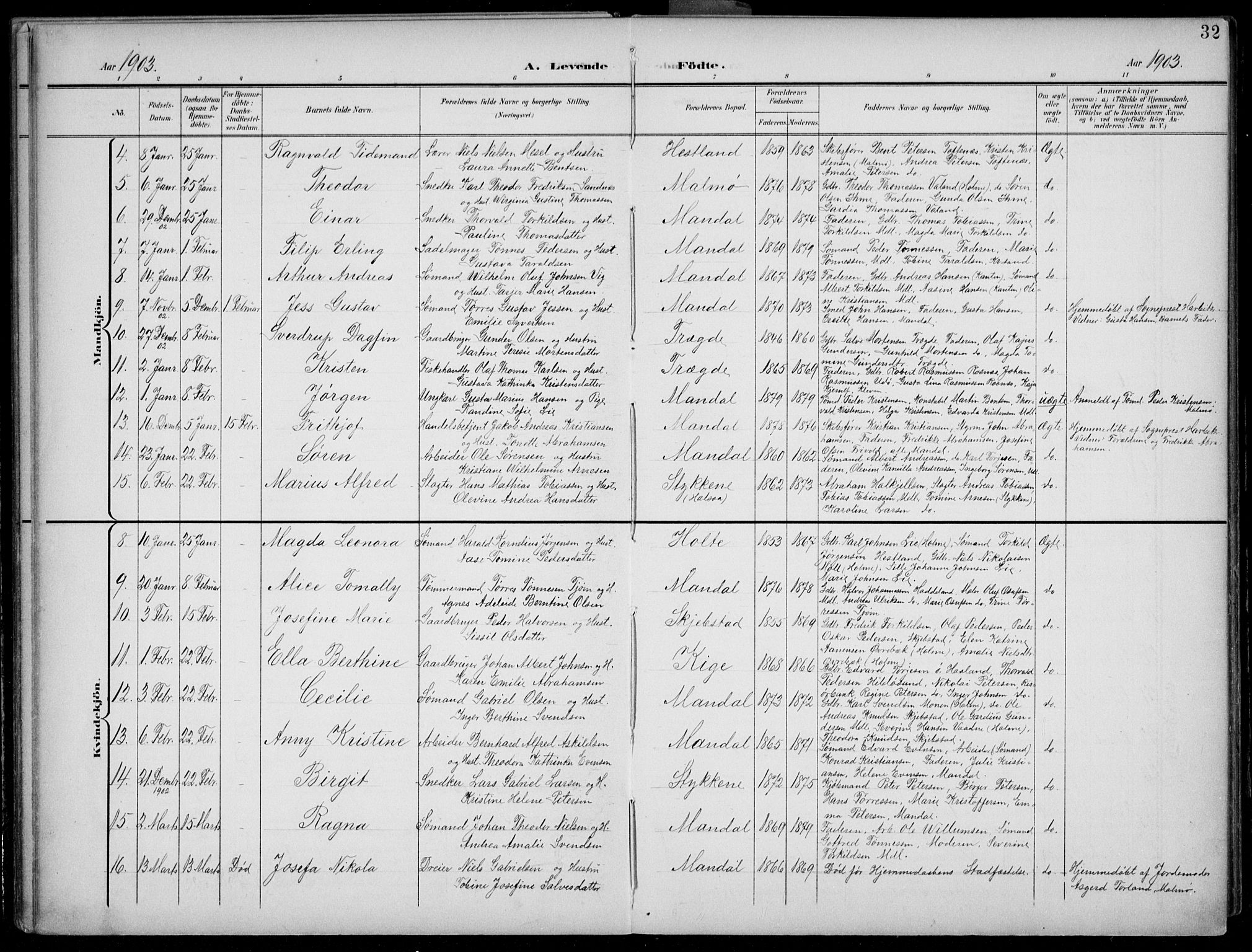 Mandal sokneprestkontor, AV/SAK-1111-0030/F/Fb/Fba/L0012: Parish register (copy) no. B 6, 1899-1918, p. 32