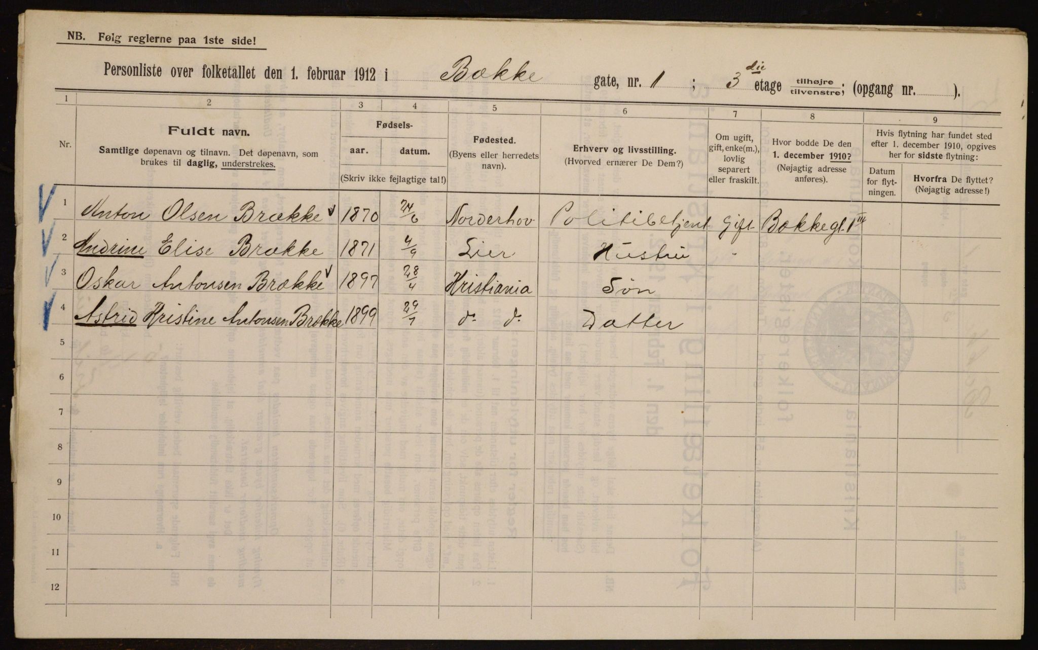 OBA, Municipal Census 1912 for Kristiania, 1912, p. 3369