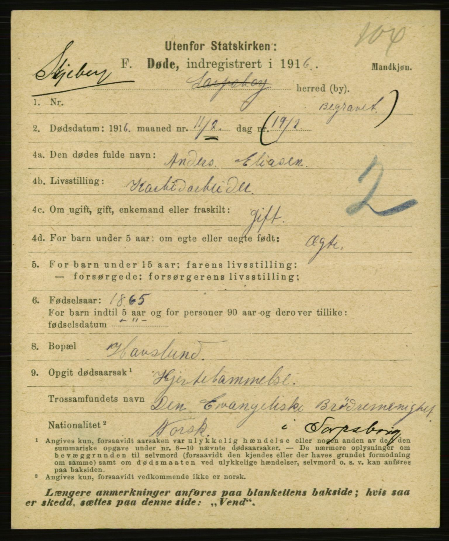 Statistisk sentralbyrå, Sosiodemografiske emner, Befolkning, RA/S-2228/E/L0014: Fødte, gifte, døde dissentere., 1916, p. 3713