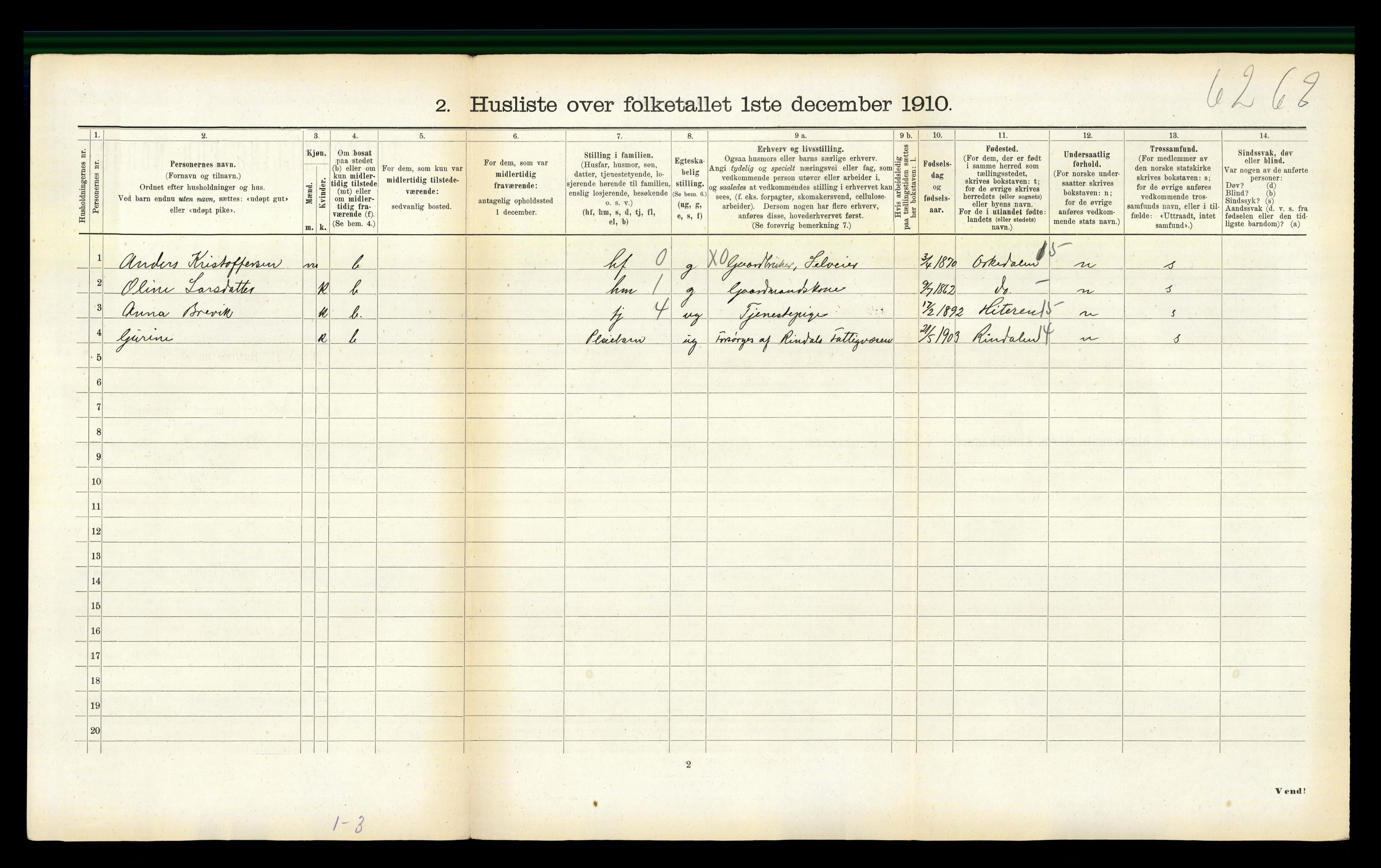 RA, 1910 census for Meldal, 1910, p. 1188