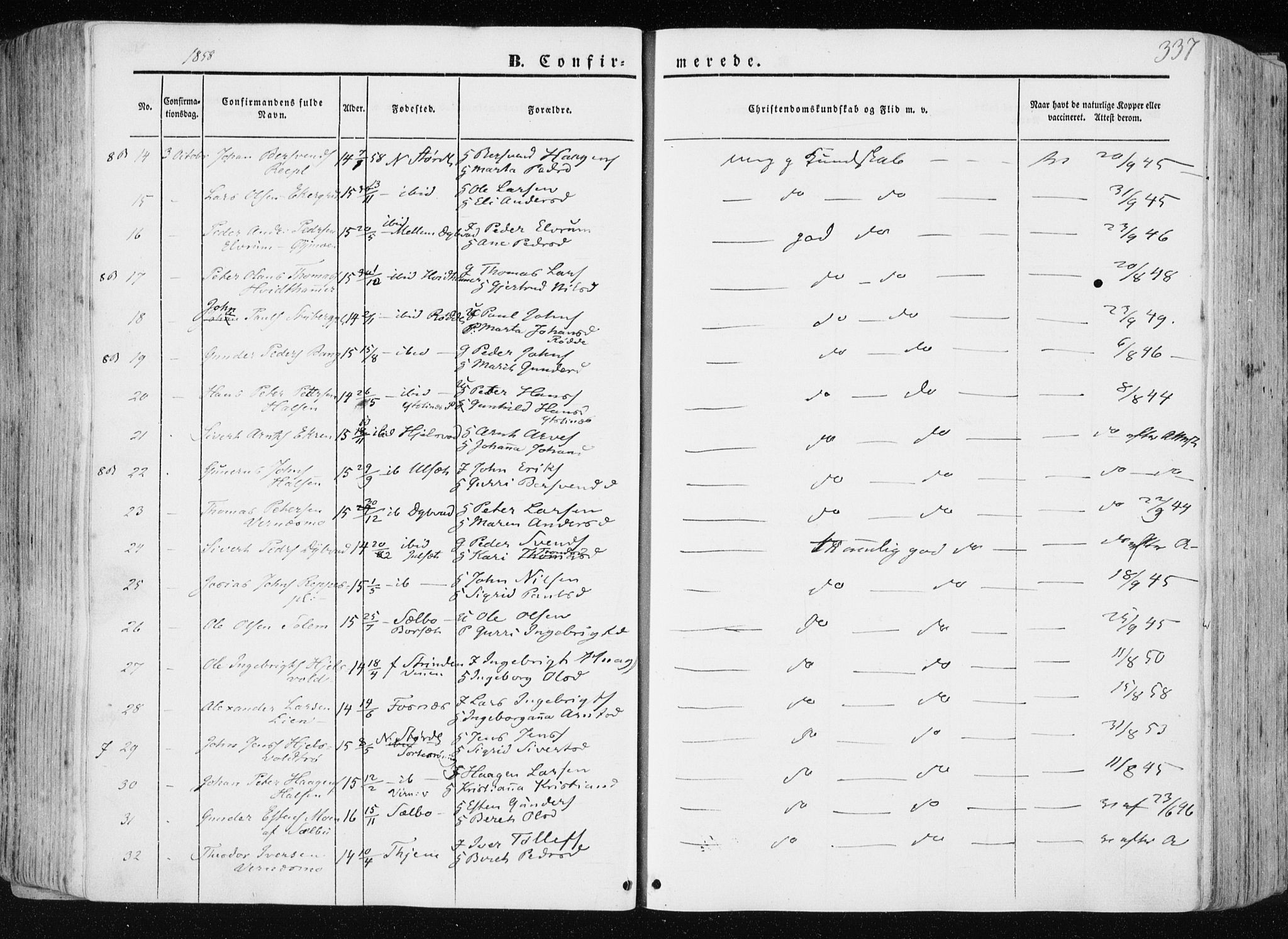 Ministerialprotokoller, klokkerbøker og fødselsregistre - Nord-Trøndelag, SAT/A-1458/709/L0074: Parish register (official) no. 709A14, 1845-1858, p. 337