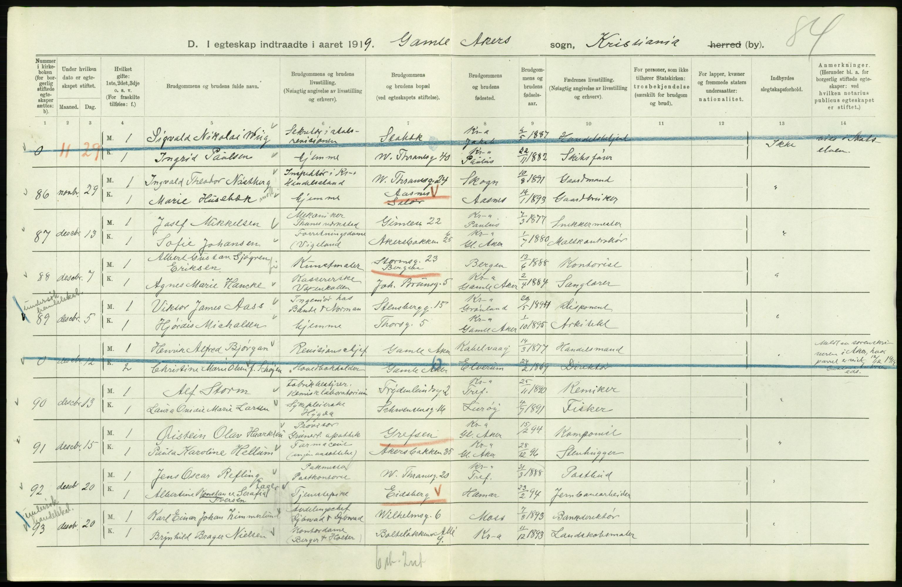 Statistisk sentralbyrå, Sosiodemografiske emner, Befolkning, AV/RA-S-2228/D/Df/Dfb/Dfbi/L0009: Kristiania: Gifte, 1919, p. 318