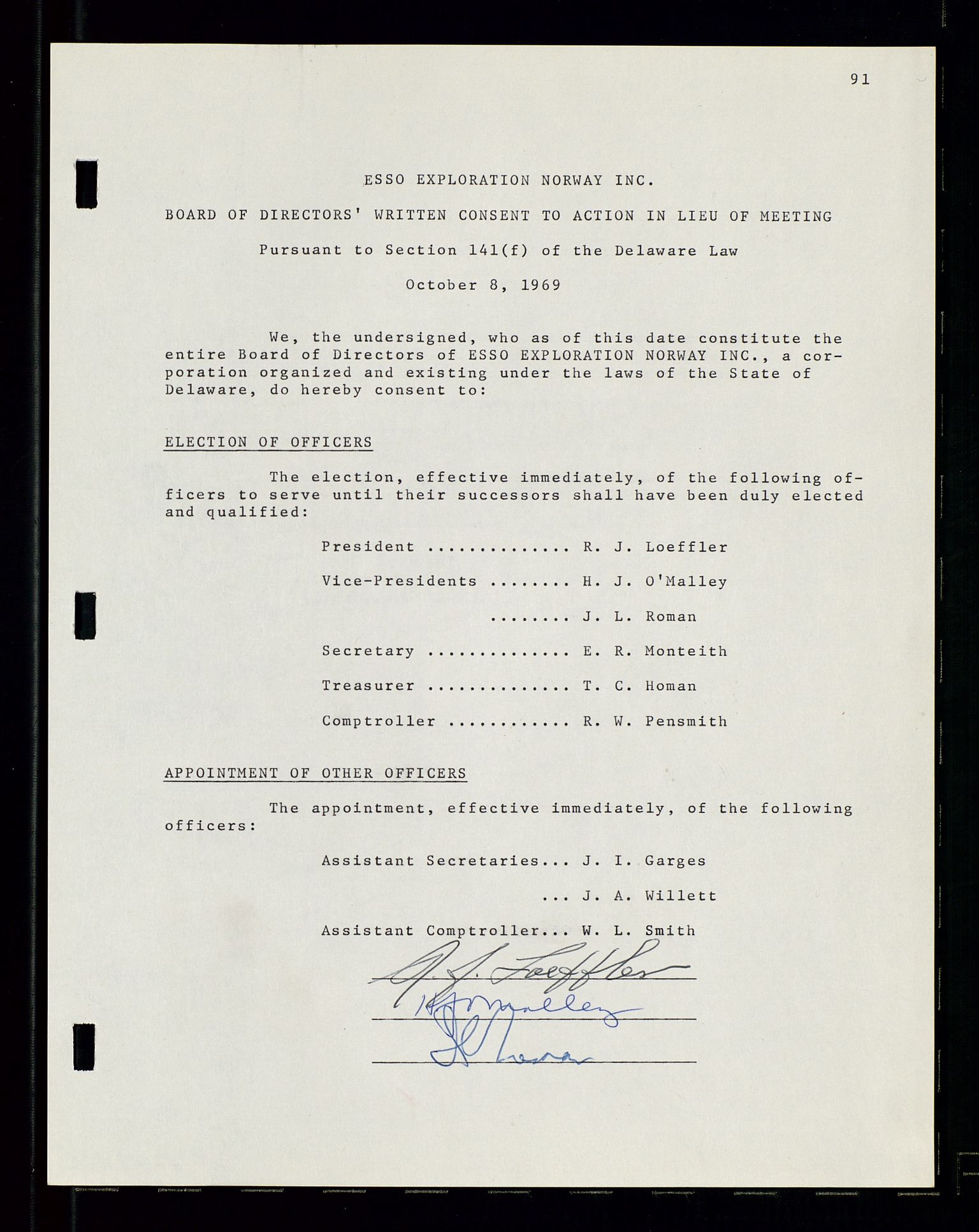 Pa 1512 - Esso Exploration and Production Norway Inc., SAST/A-101917/A/Aa/L0001/0001: Styredokumenter / Corporate records, By-Laws, Board meeting minutes, Incorporations, 1965-1975, p. 91