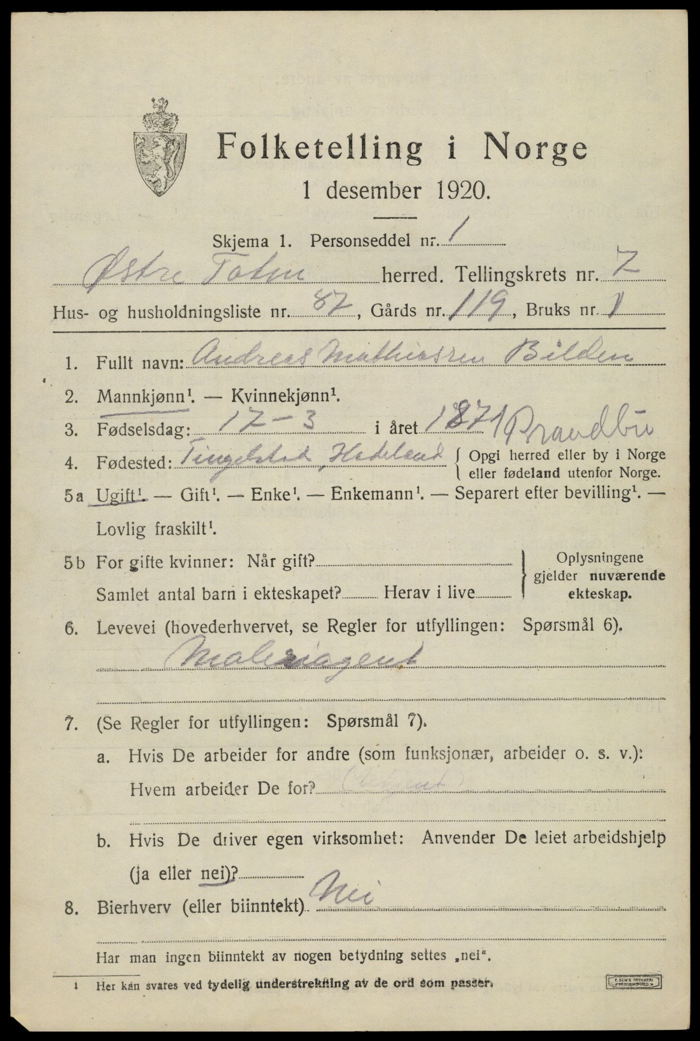 SAH, 1920 census for Østre Toten, 1920, p. 15854