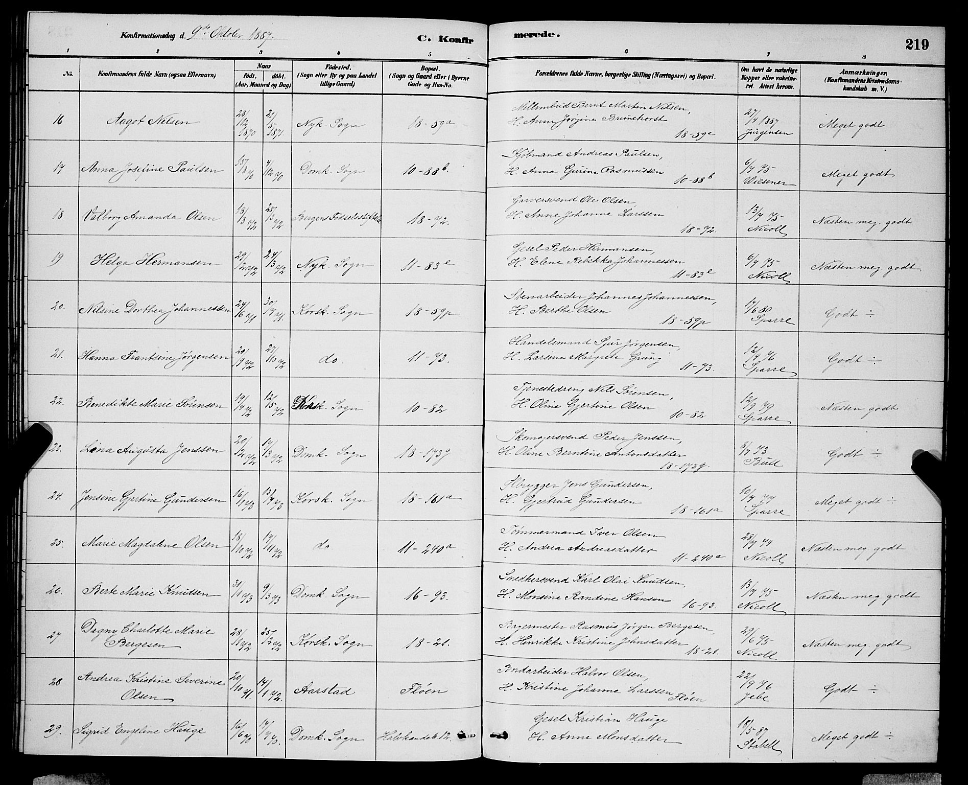 Domkirken sokneprestembete, SAB/A-74801/H/Hab/L0024: Parish register (copy) no. C 4, 1880-1899, p. 219
