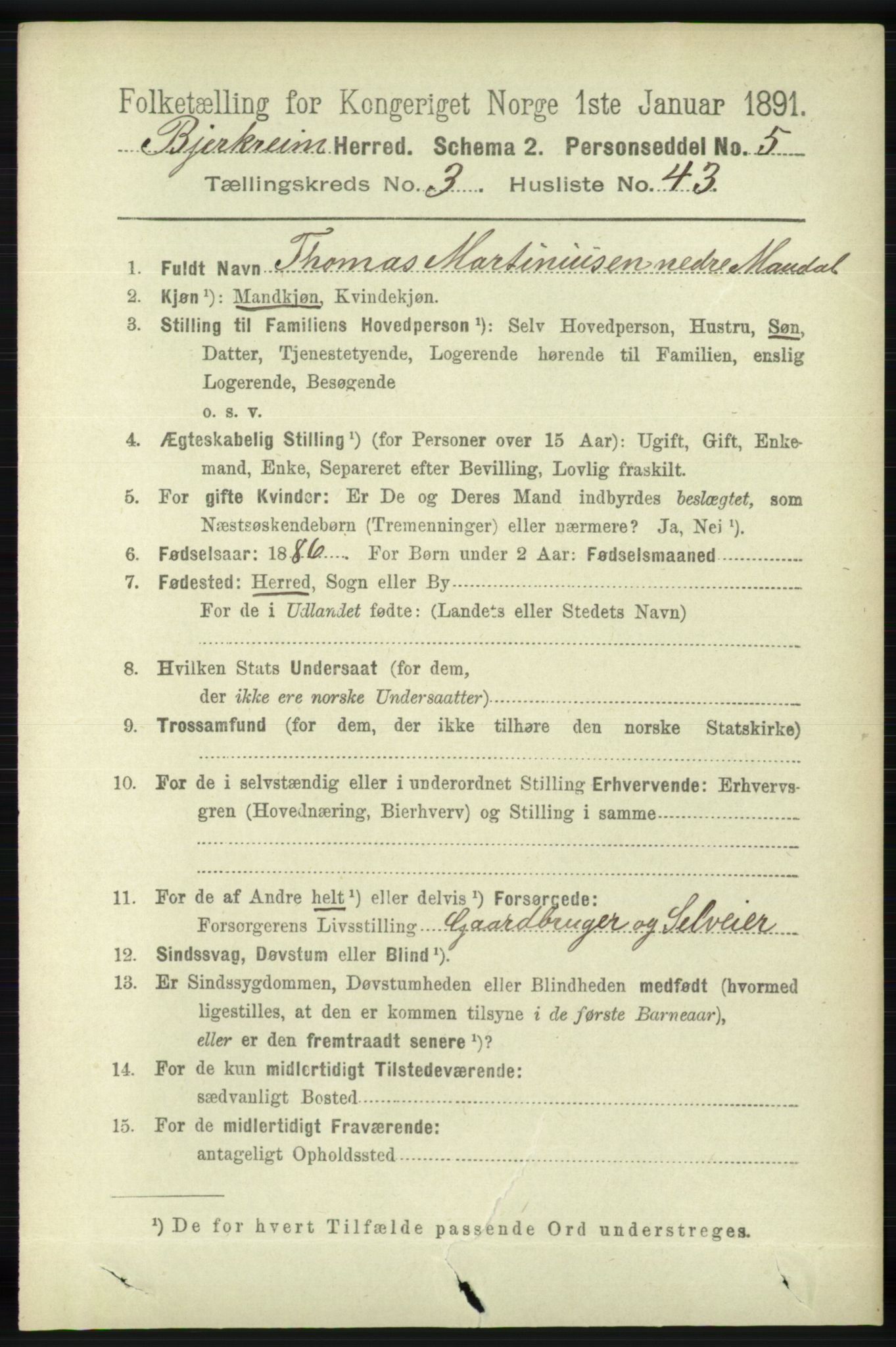 RA, 1891 census for 1114 Bjerkreim, 1891, p. 1157