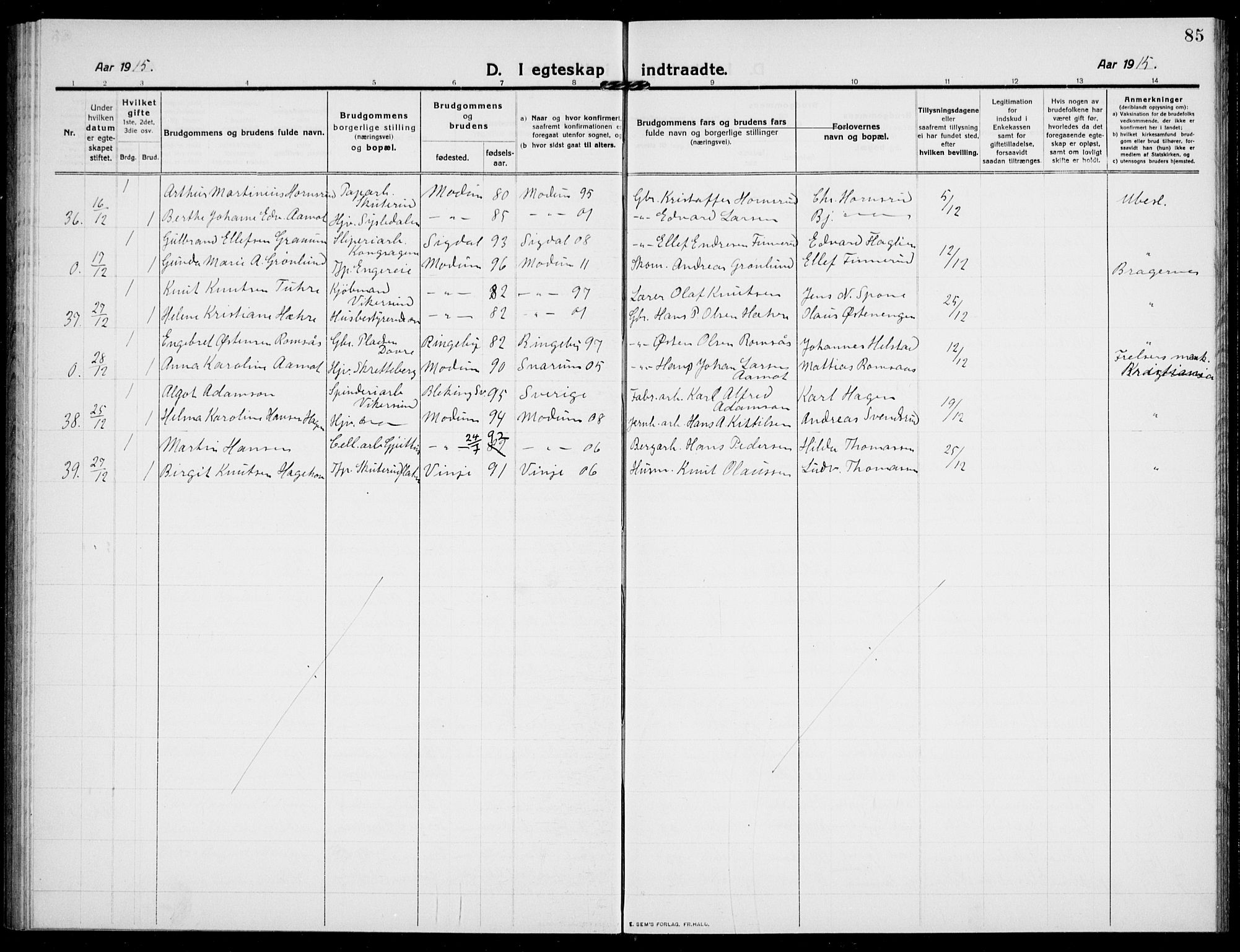 Modum kirkebøker, AV/SAKO-A-234/G/Ga/L0010: Parish register (copy) no. I 10, 1909-1923, p. 85