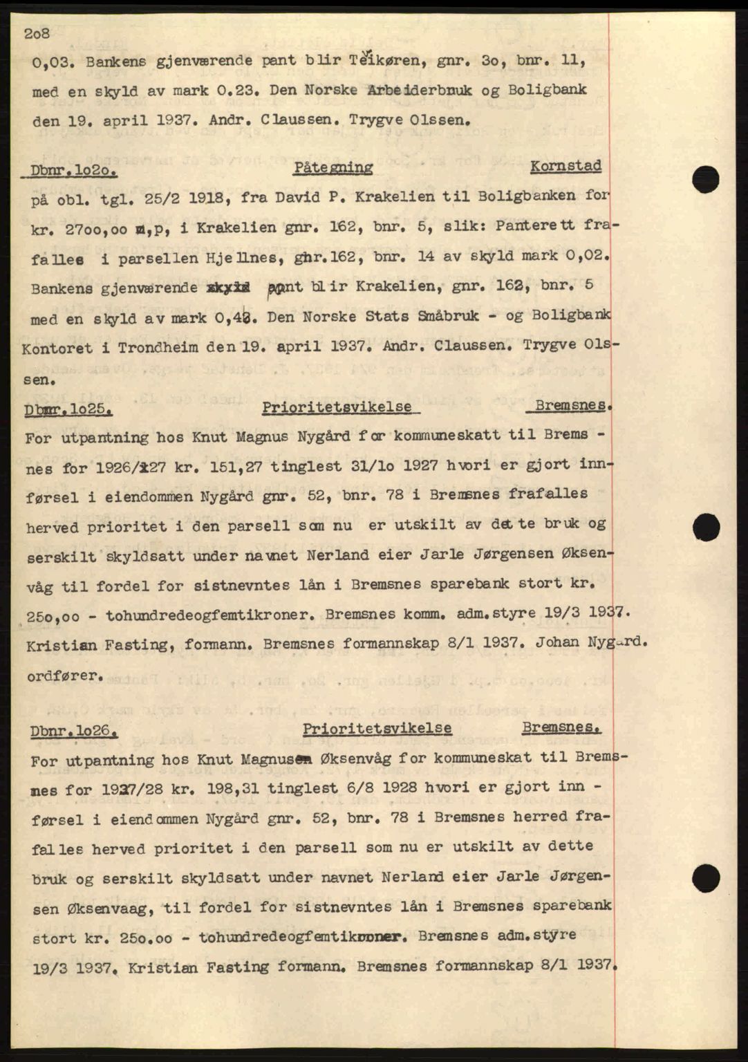 Nordmøre sorenskriveri, AV/SAT-A-4132/1/2/2Ca: Mortgage book no. C80, 1936-1939, Diary no: : 1020/1937