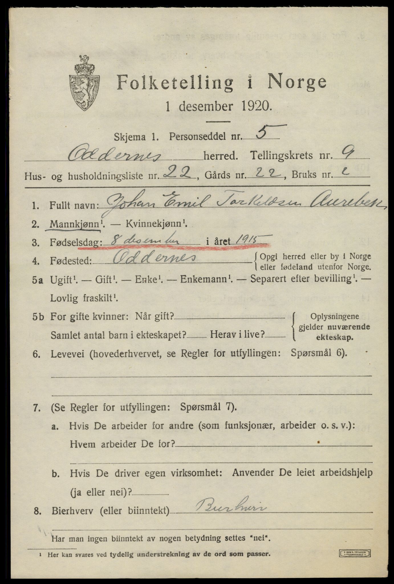 SAK, 1920 census for Oddernes, 1920, p. 6277