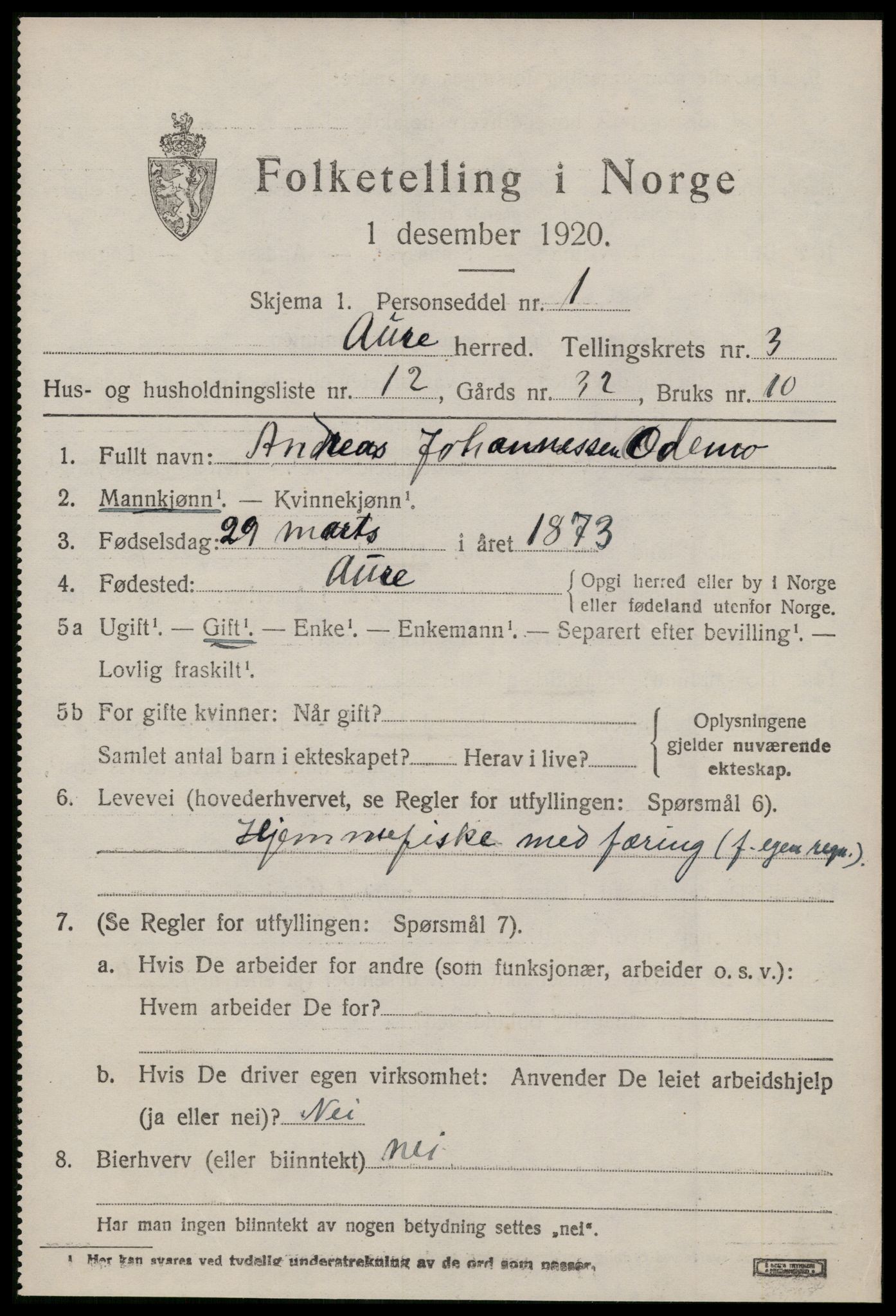 SAT, 1920 census for Aure, 1920, p. 1810