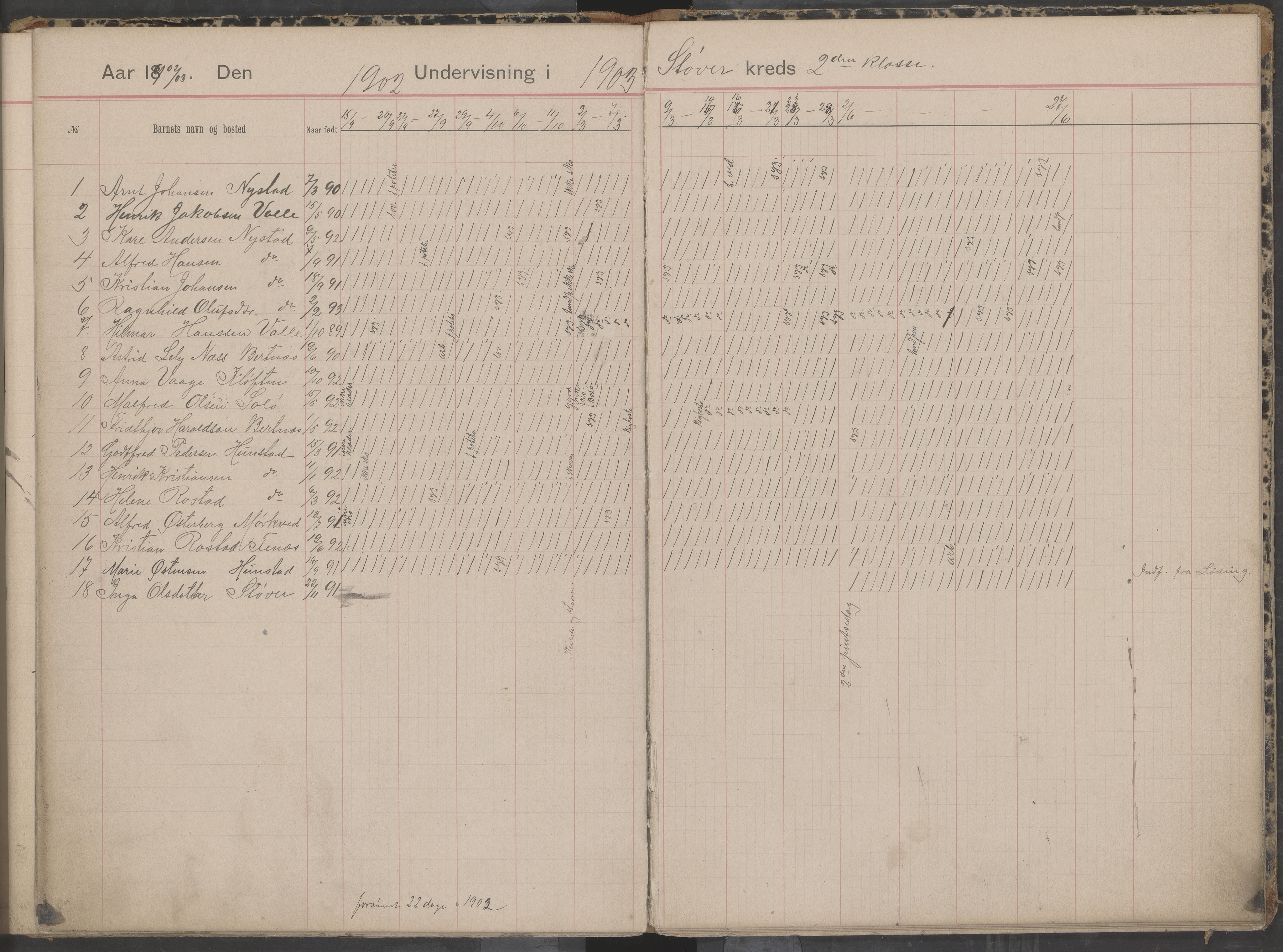 Bodin kommune. Støver skolekrets, AIN/K-18431.510.07/F/Fa/L0001: Dagbok for skolehold og skolesøkning, 1892-1905