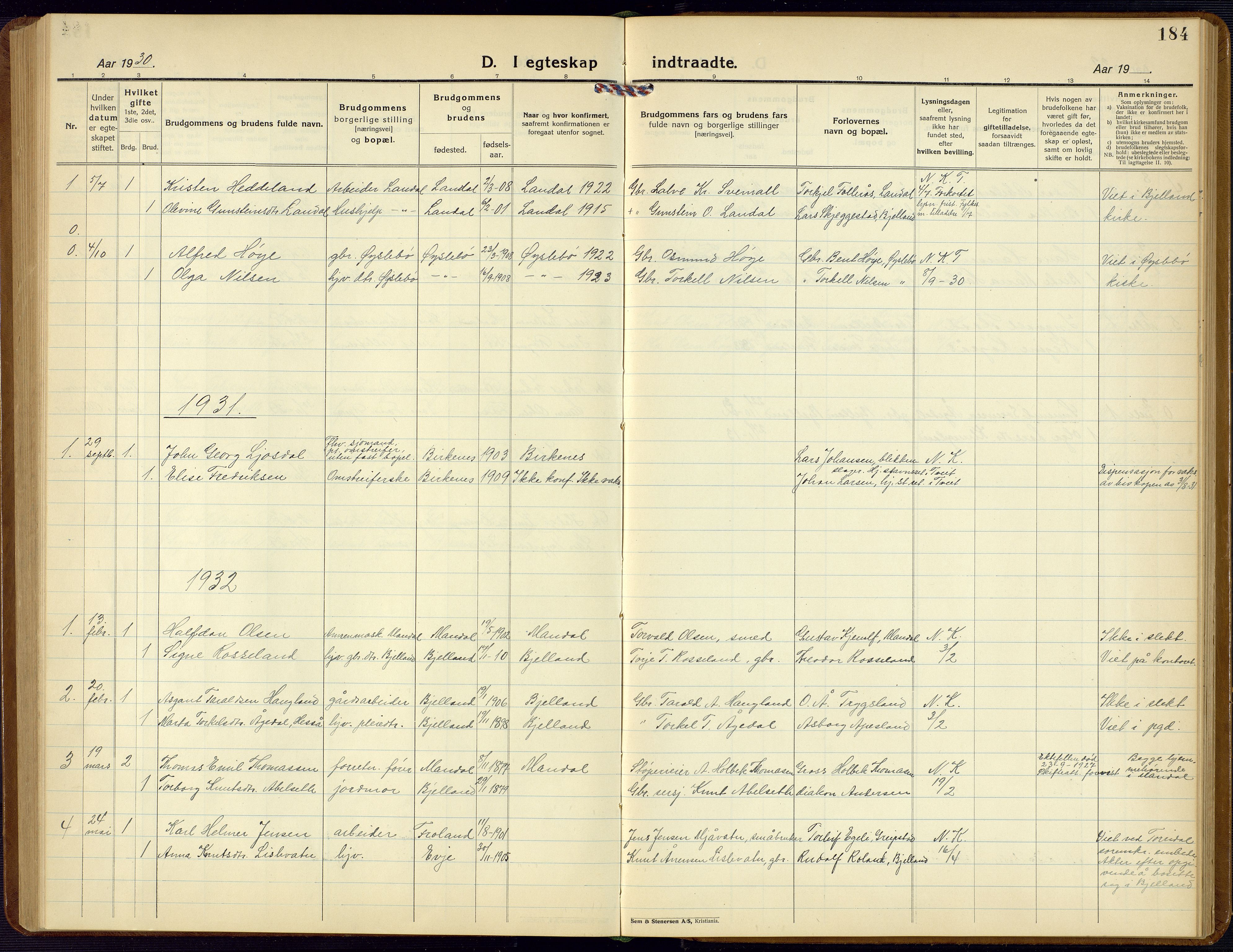 Bjelland sokneprestkontor, SAK/1111-0005/F/Fb/Fba/L0006: Parish register (copy) no. B 6, 1923-1956, p. 184